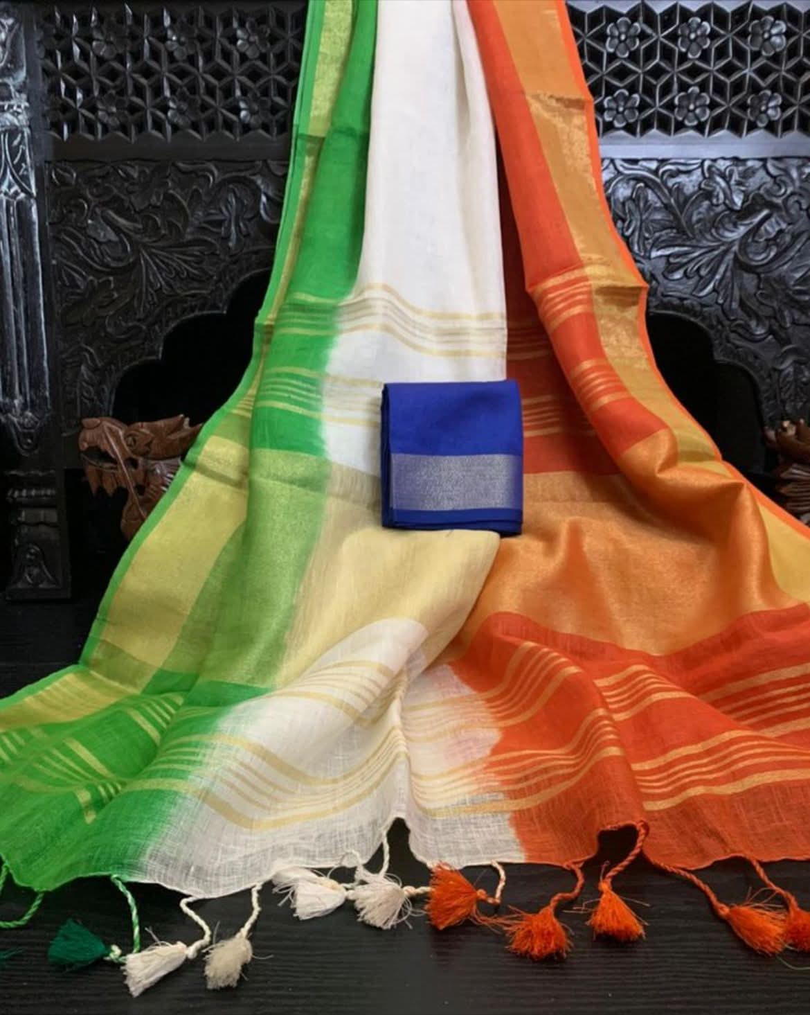 Stunning India Flag Tricolor Pure Linen by Linen Saree. Top Seller Vidya Balan Special! | Shobitam - Image 9