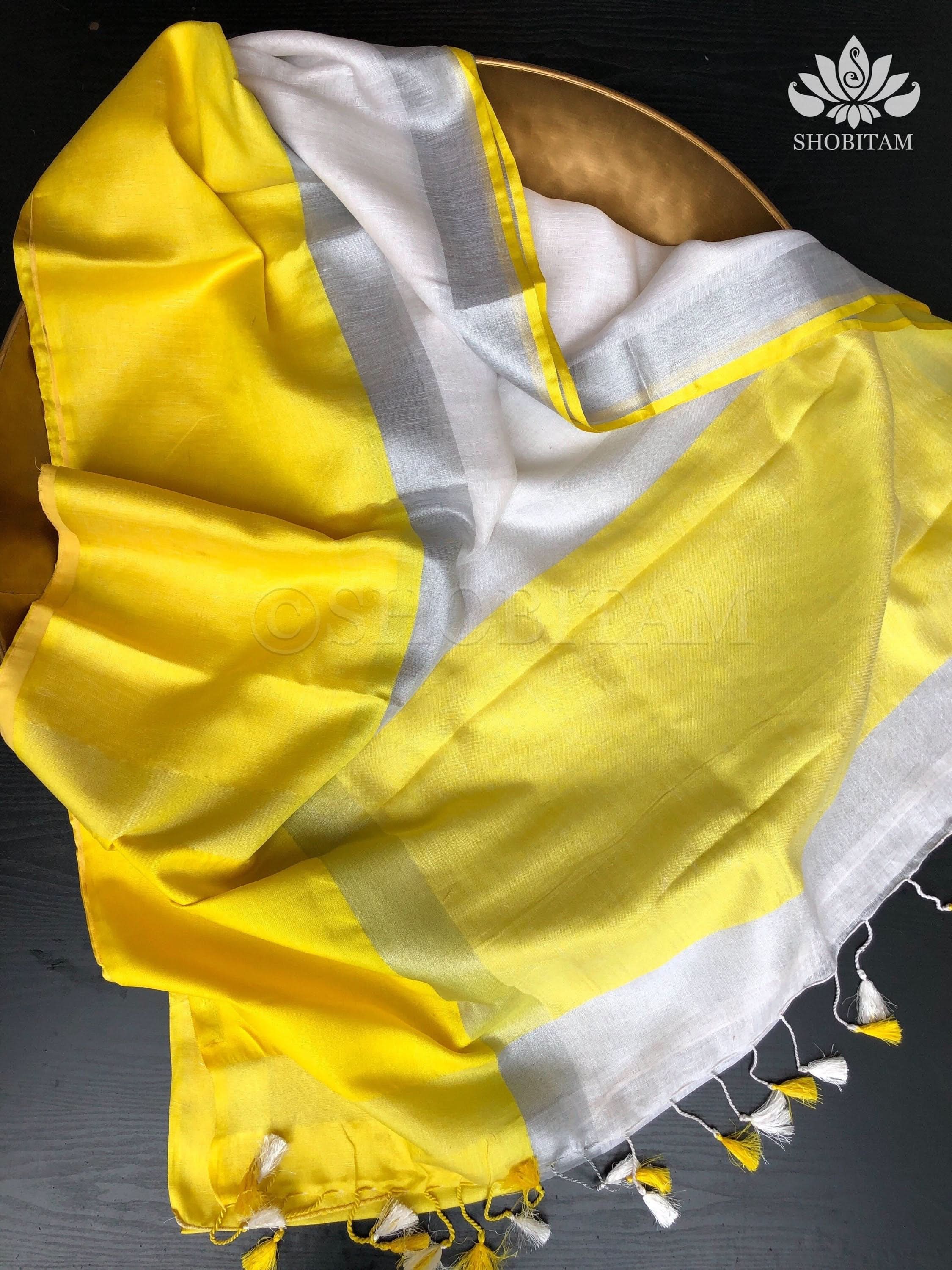 White and Yellow Wide Border Linen by Linen Saree | Shobitam - Image 10