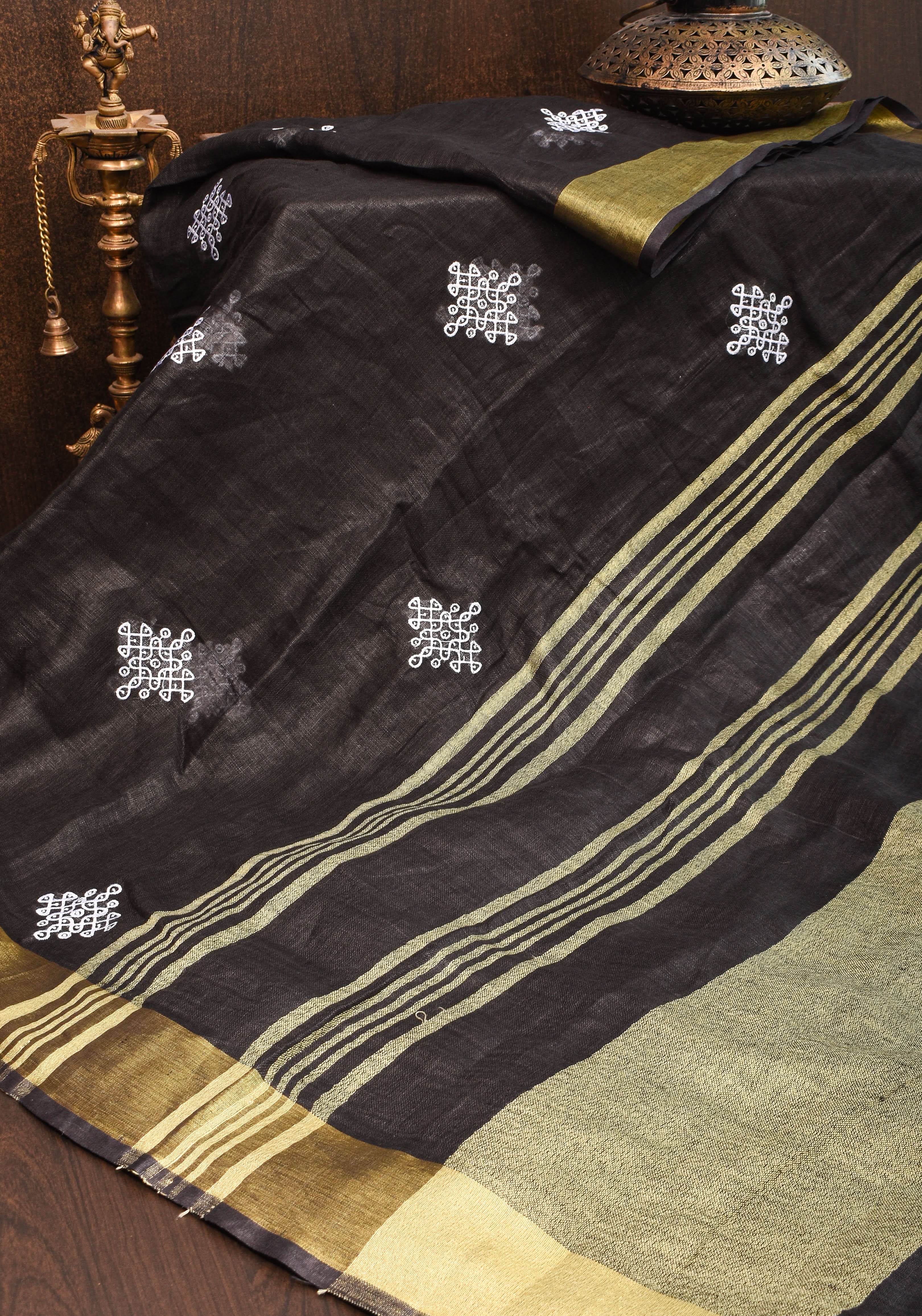 Black Linen by Linen Saree with Rangoli Embroidery | Shobitam - Image 11