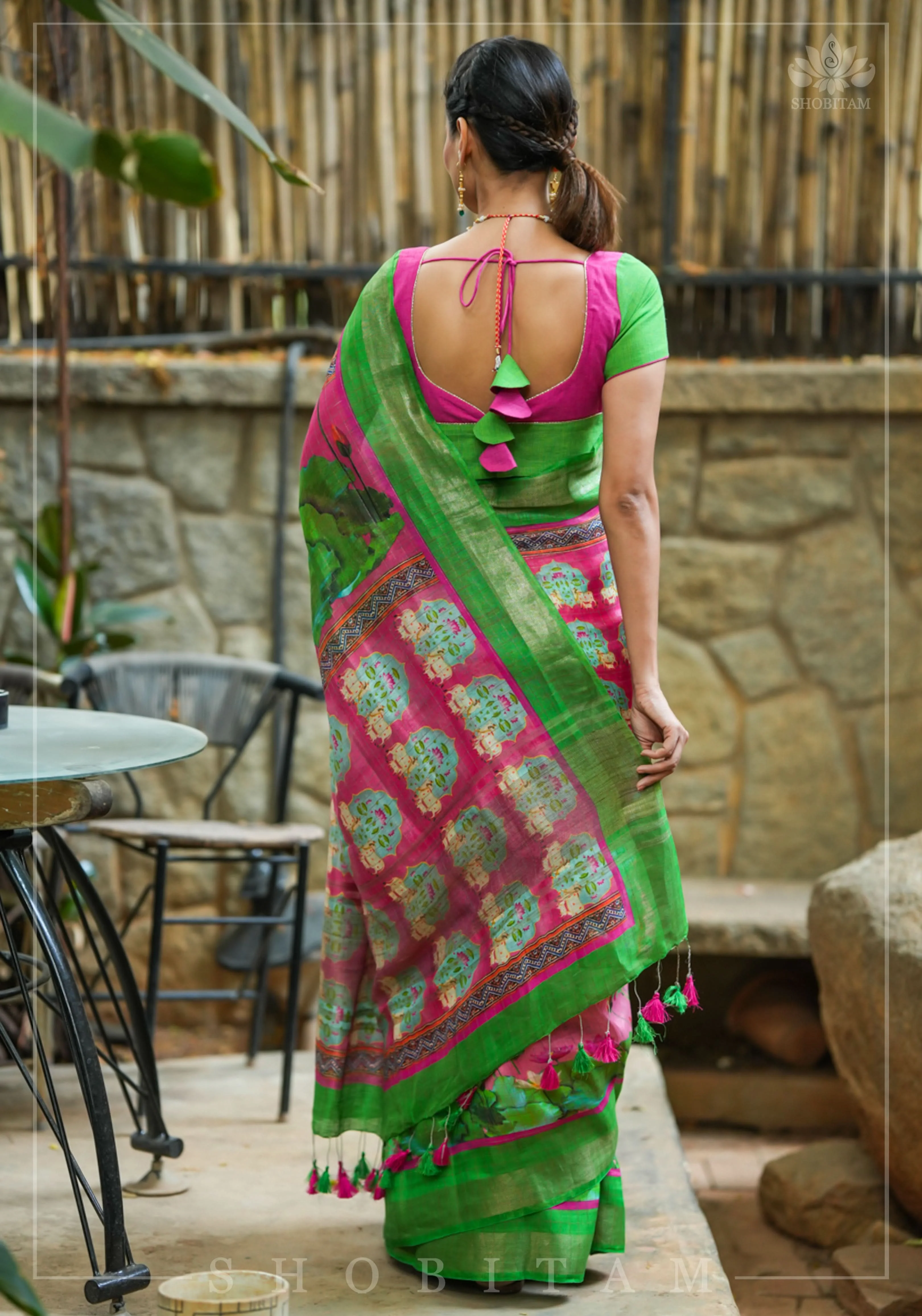 Silk Linen Saree with Pichwai Digital Print | Shobitam Saree - Image 4
