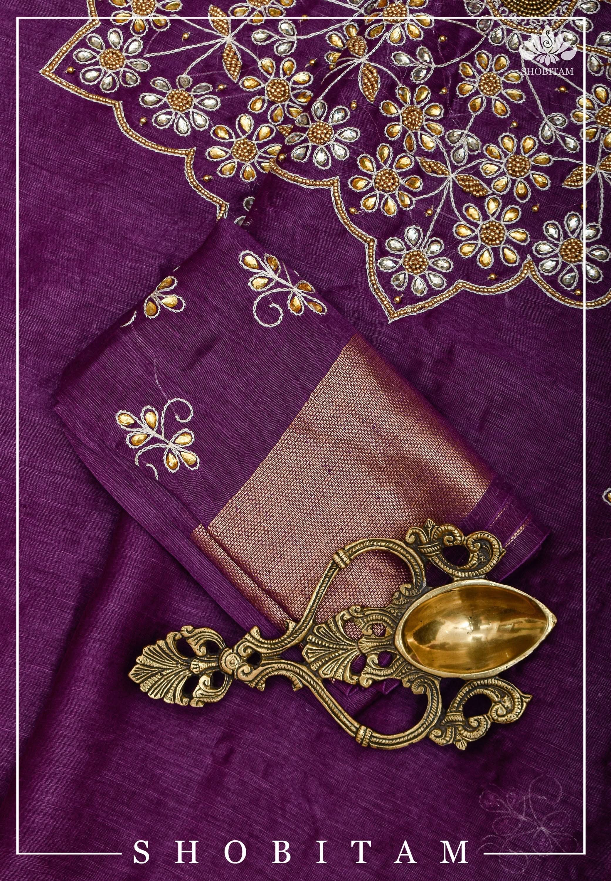 Purple Silk Linen Saree with Embroidery | Shobitam - Image 4