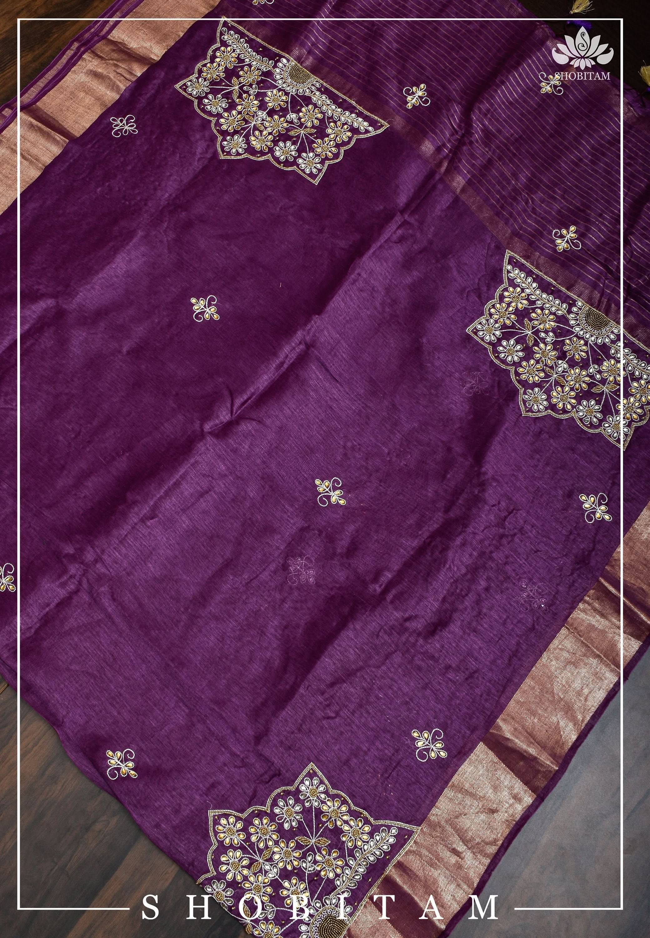 Purple Silk Linen Saree with Embroidery | Shobitam - Image 5