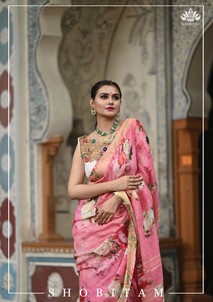 Pink Pure Linen Saree with Floral Digital Print | Shobitam - Image 5