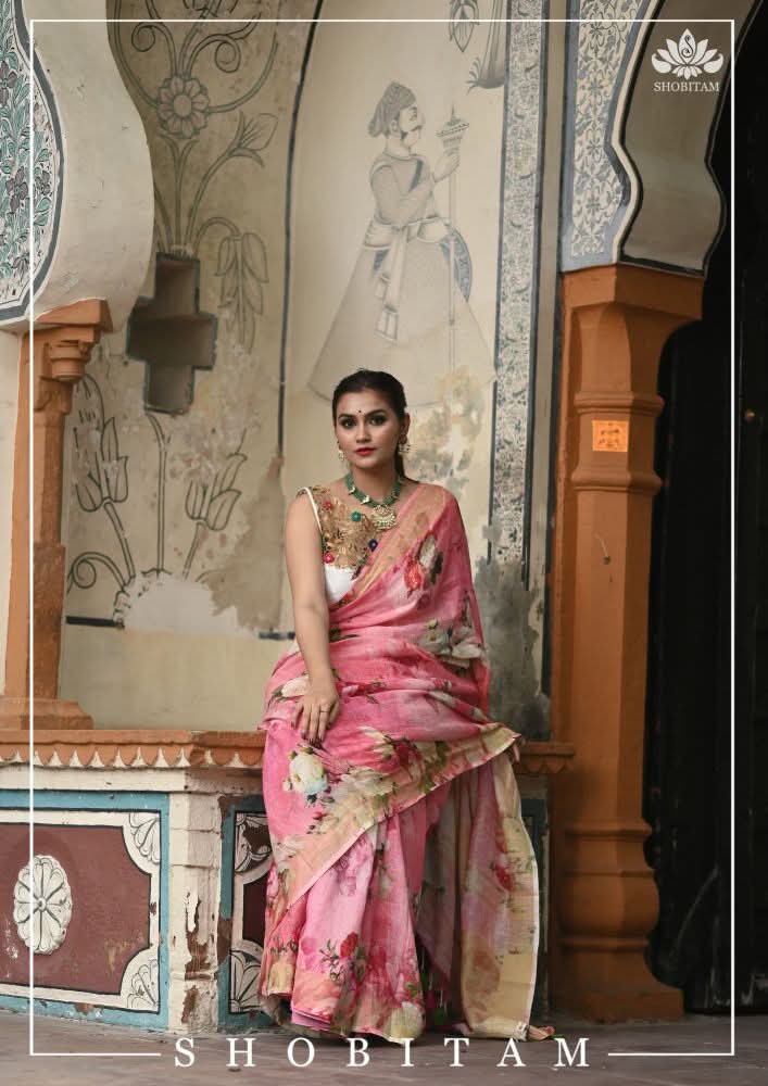 Pink Pure Linen Saree with Floral Digital Print | Shobitam - Image 9