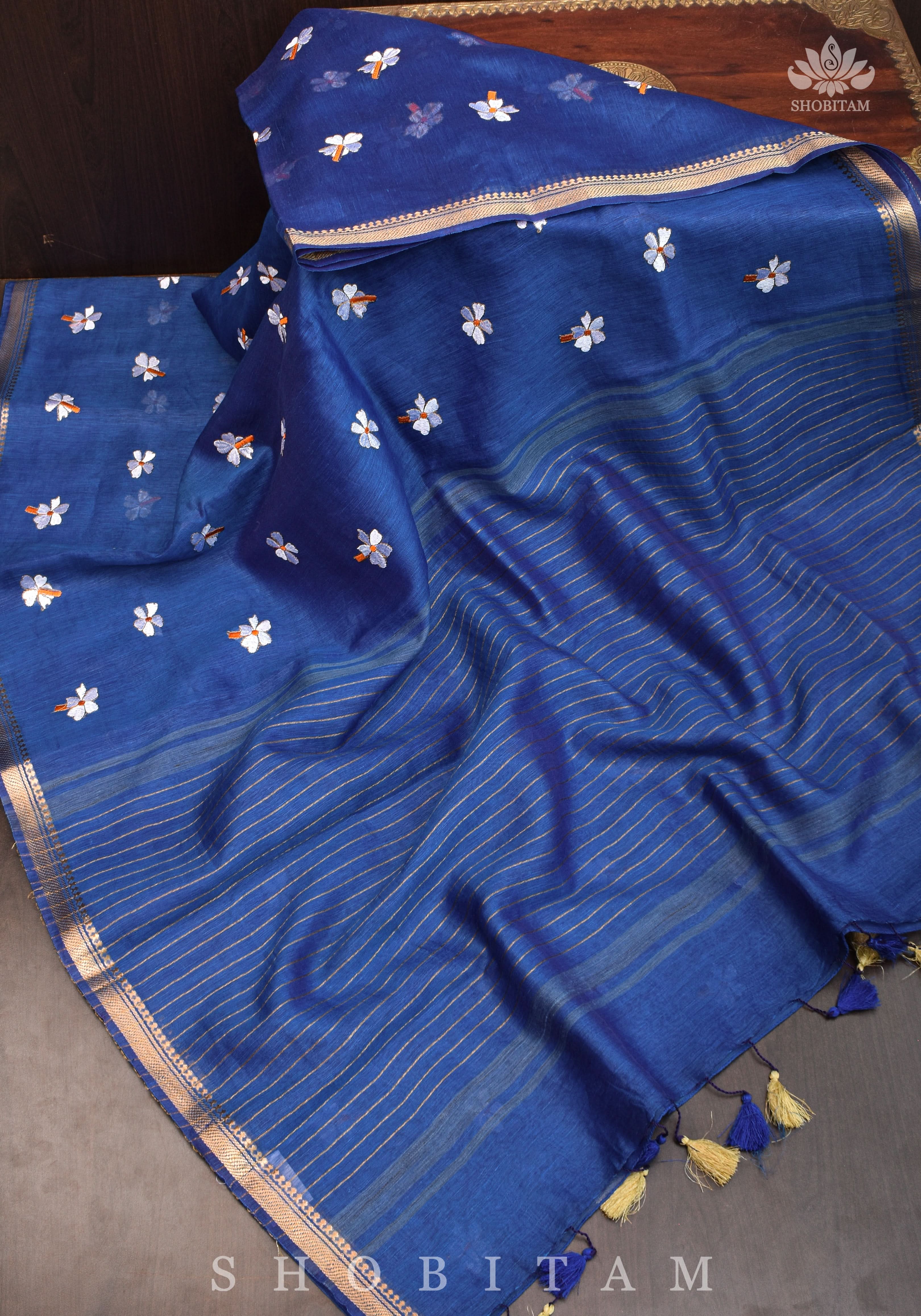parijaat Blue Silk Linen Saree with Embroidery | Shobitam - Image 5