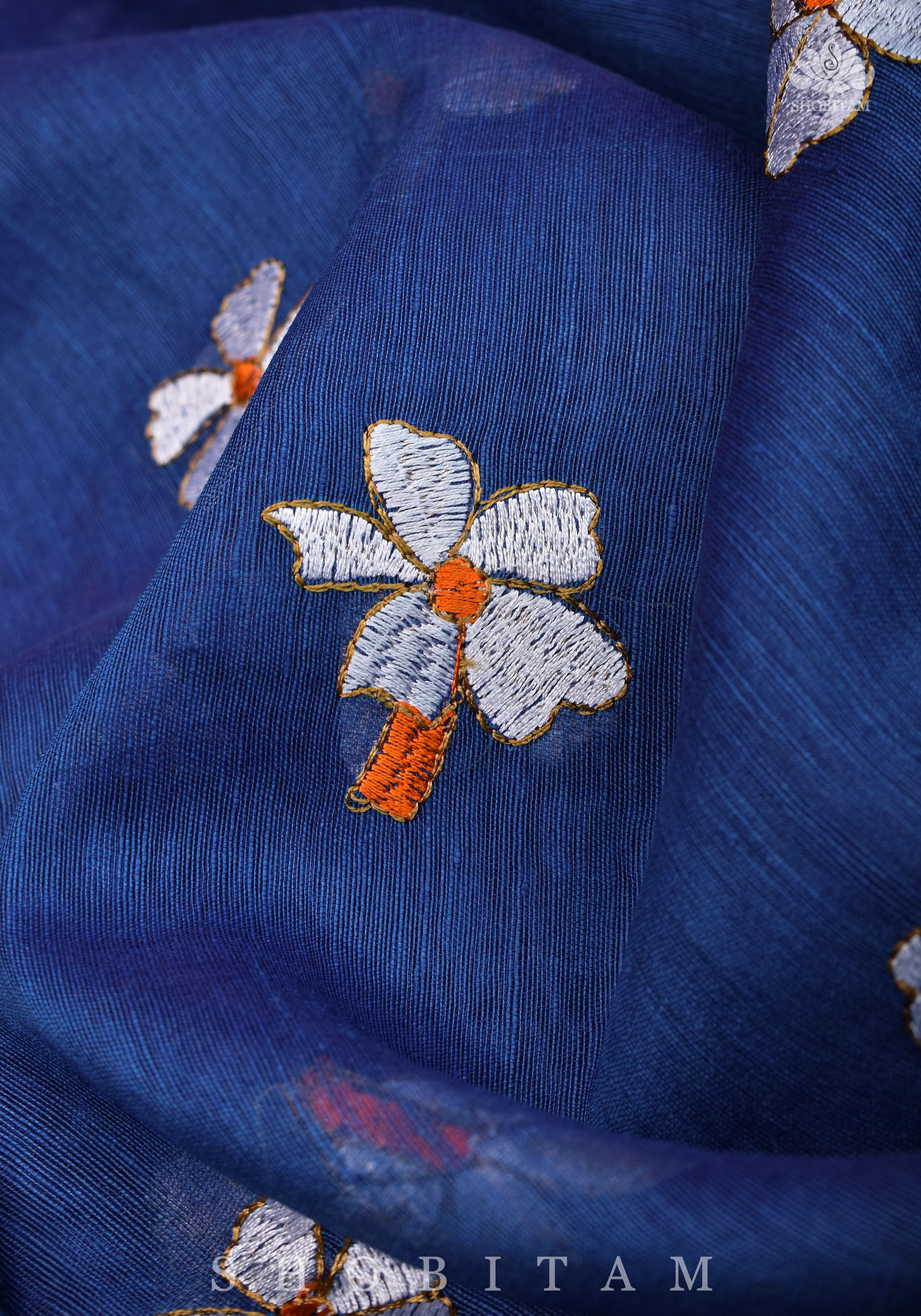 parijaat Blue Silk Linen Saree with Embroidery | Shobitam - Image 9