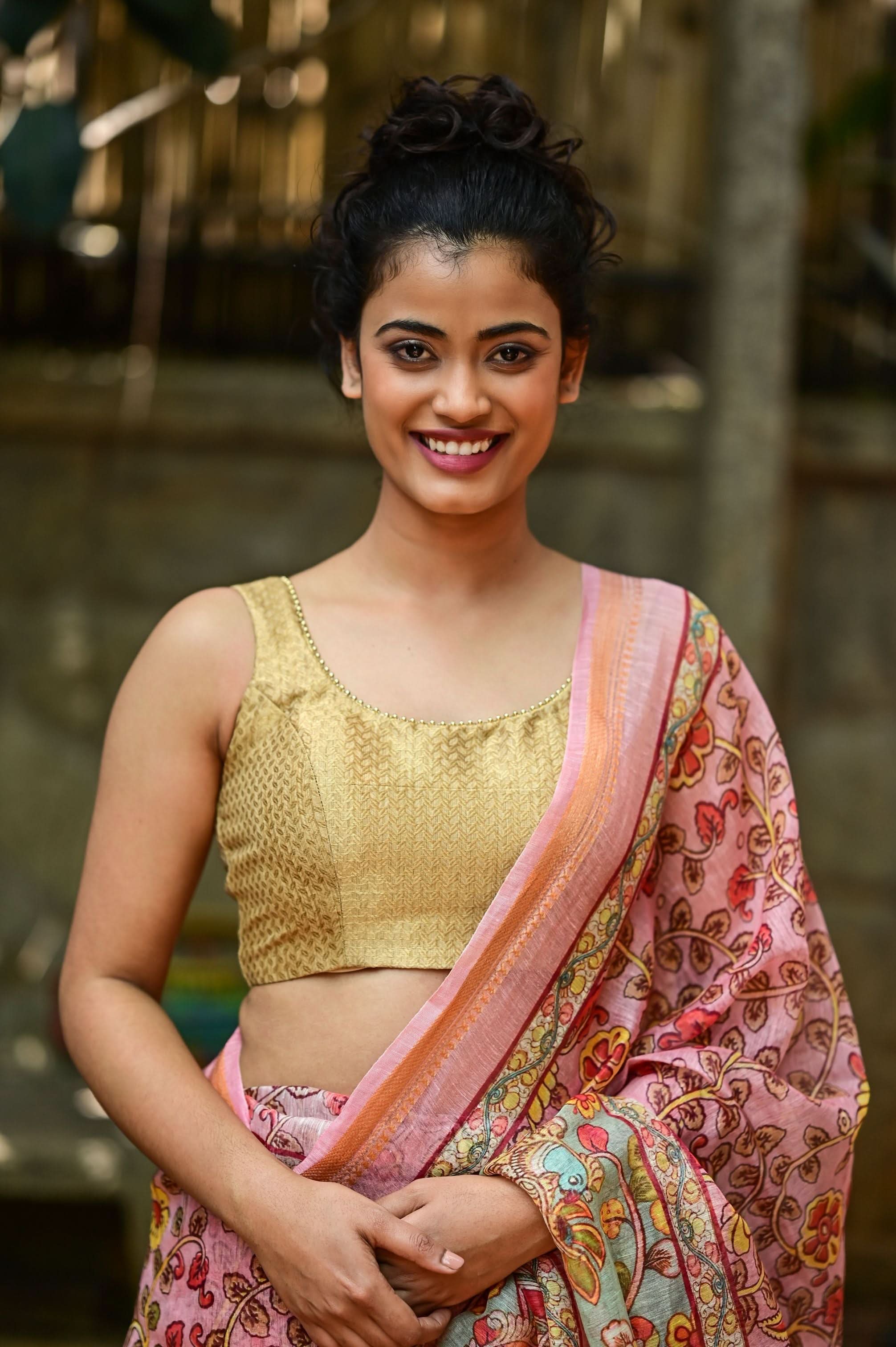 Rose Silk Linen Saree with Kalamkari Digital Print | Shobitam - Image 11