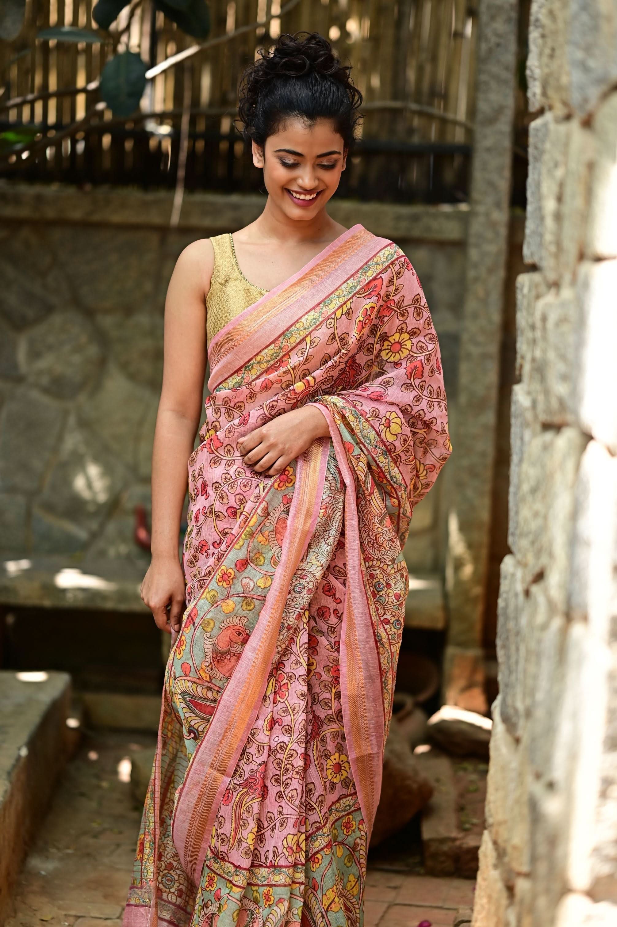 Rose Silk Linen Saree with Kalamkari Digital Print | Shobitam - Image 3