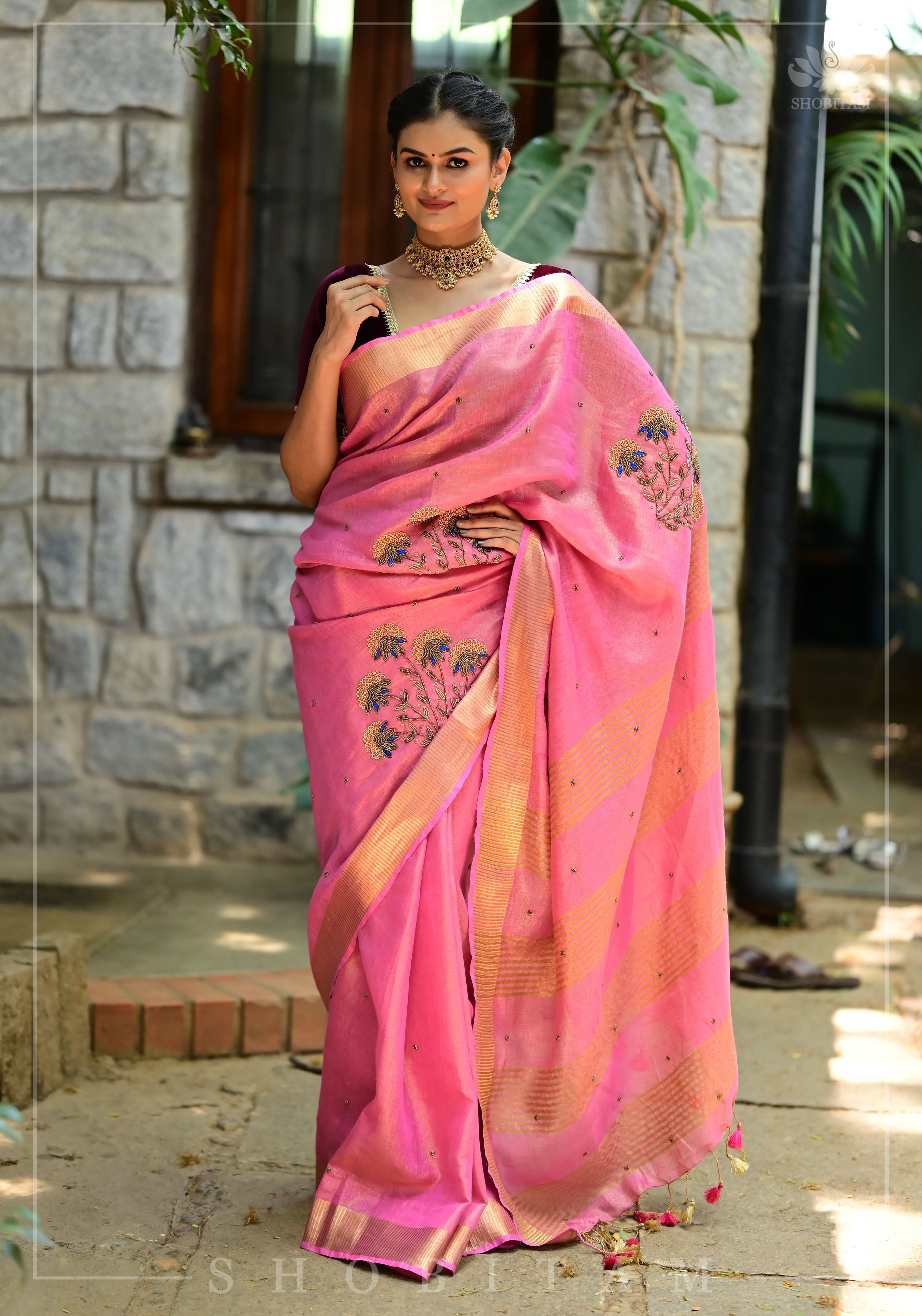 Bead and embroidery handwork on Tissue Linen Saree in Pink and Gold Tissue | Shobitam - Image 2