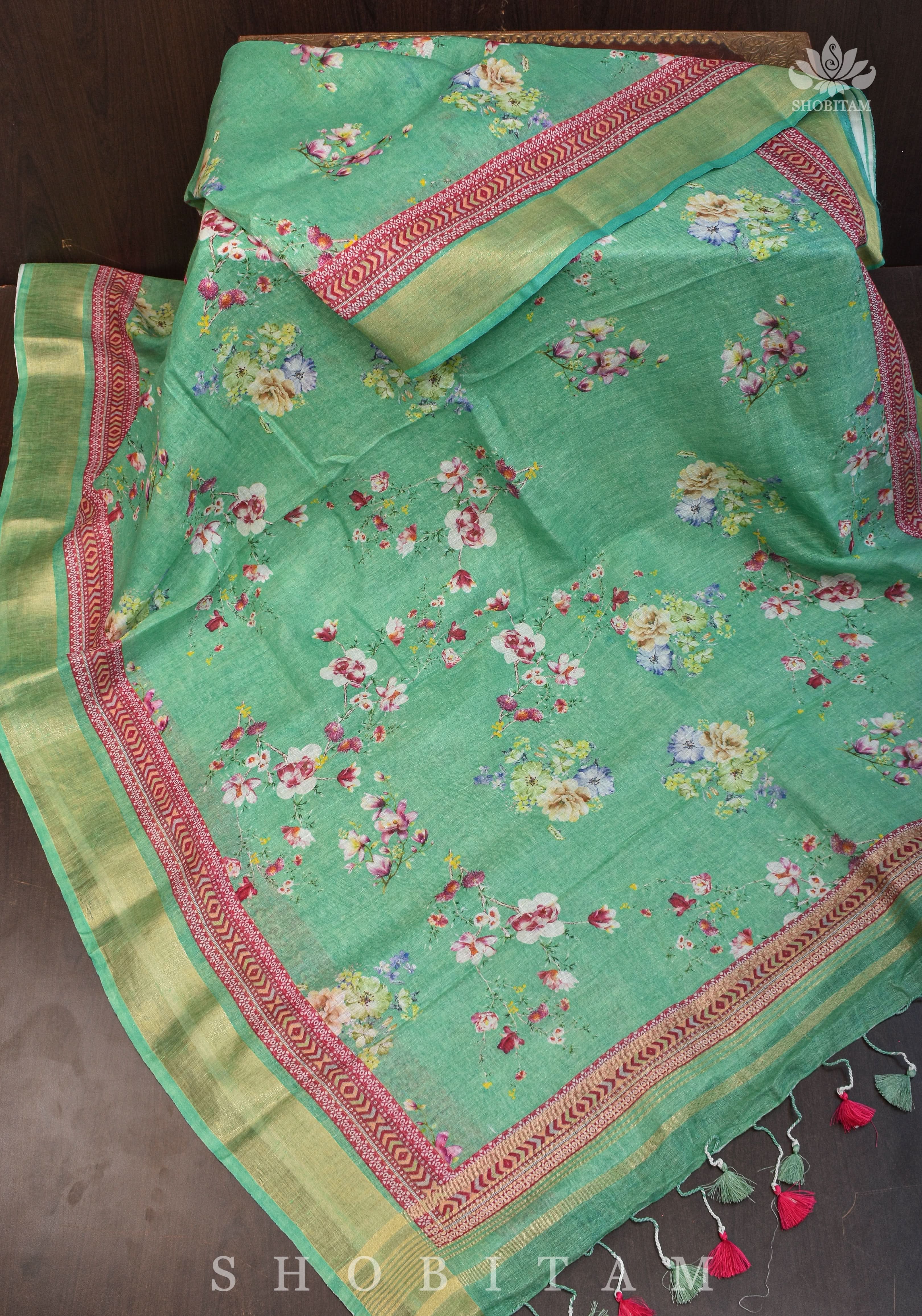 Green Digital Printed Silk Linen saree | Shobitam - Image 6