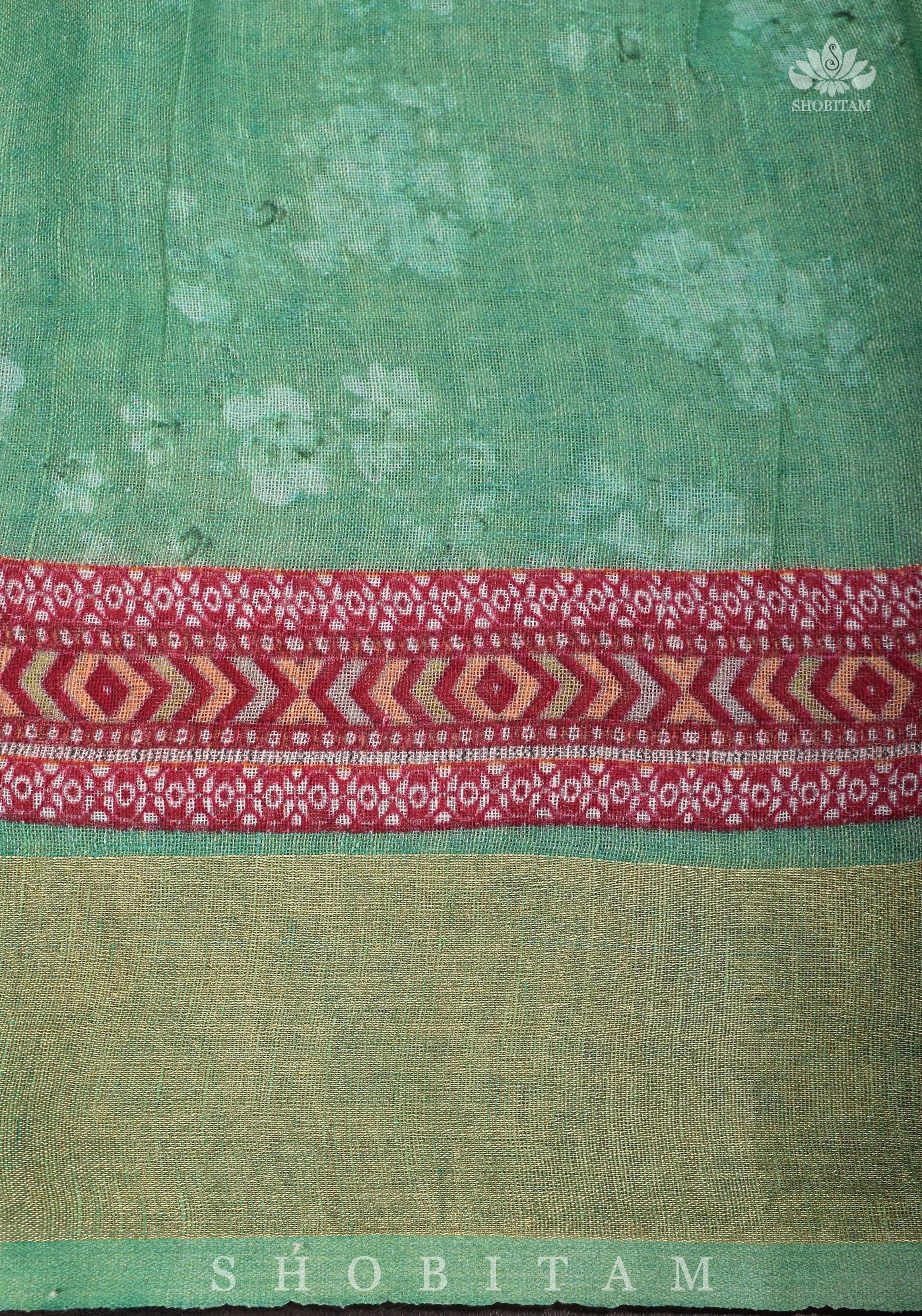 Green Digital Printed Silk Linen saree | Shobitam - Image 8