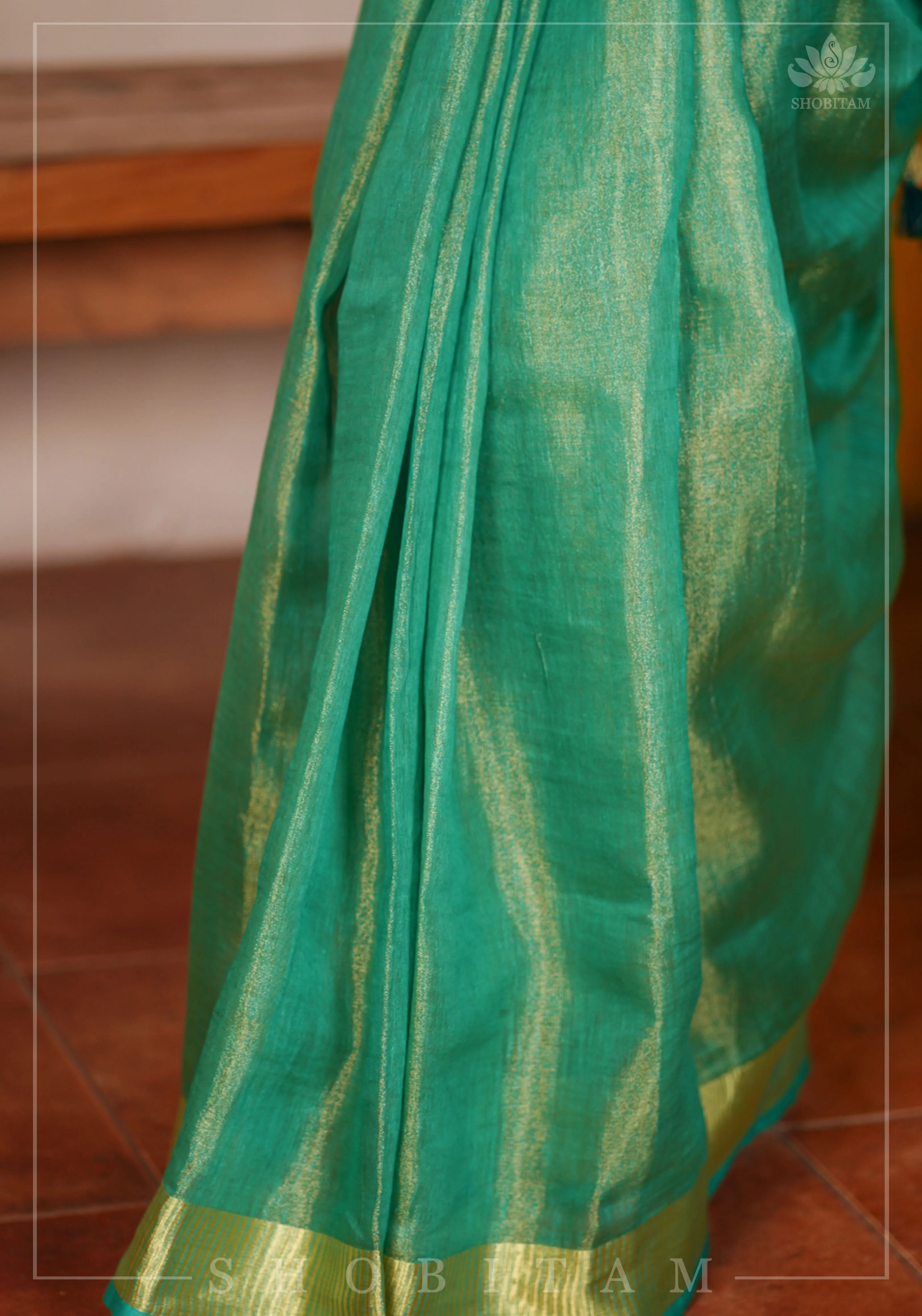 Rama Green and Gold Tissue by Linen Saree | Shobitam - Image 2