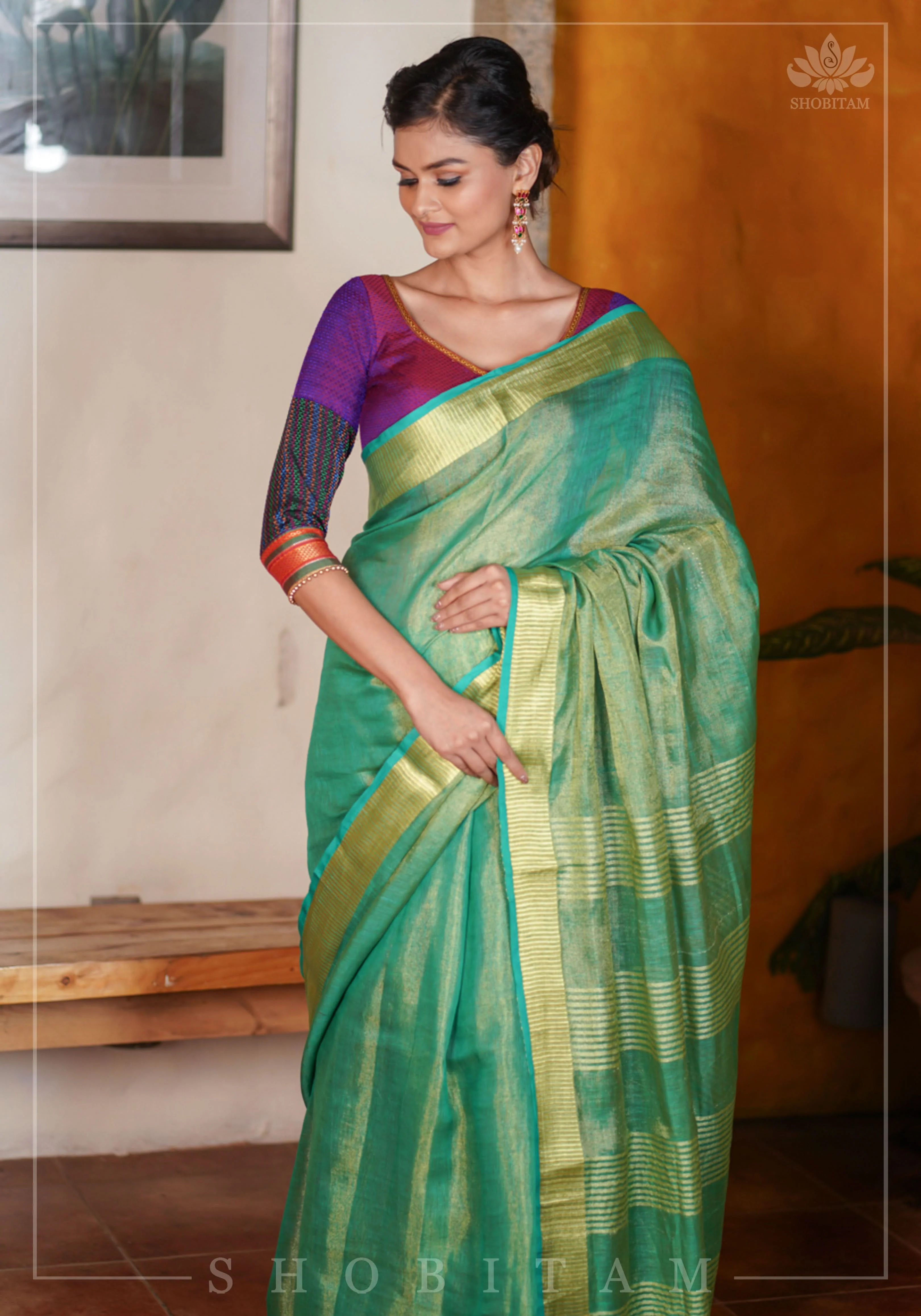 Rama Green and Gold Tissue by Linen Saree | Shobitam - Image 3