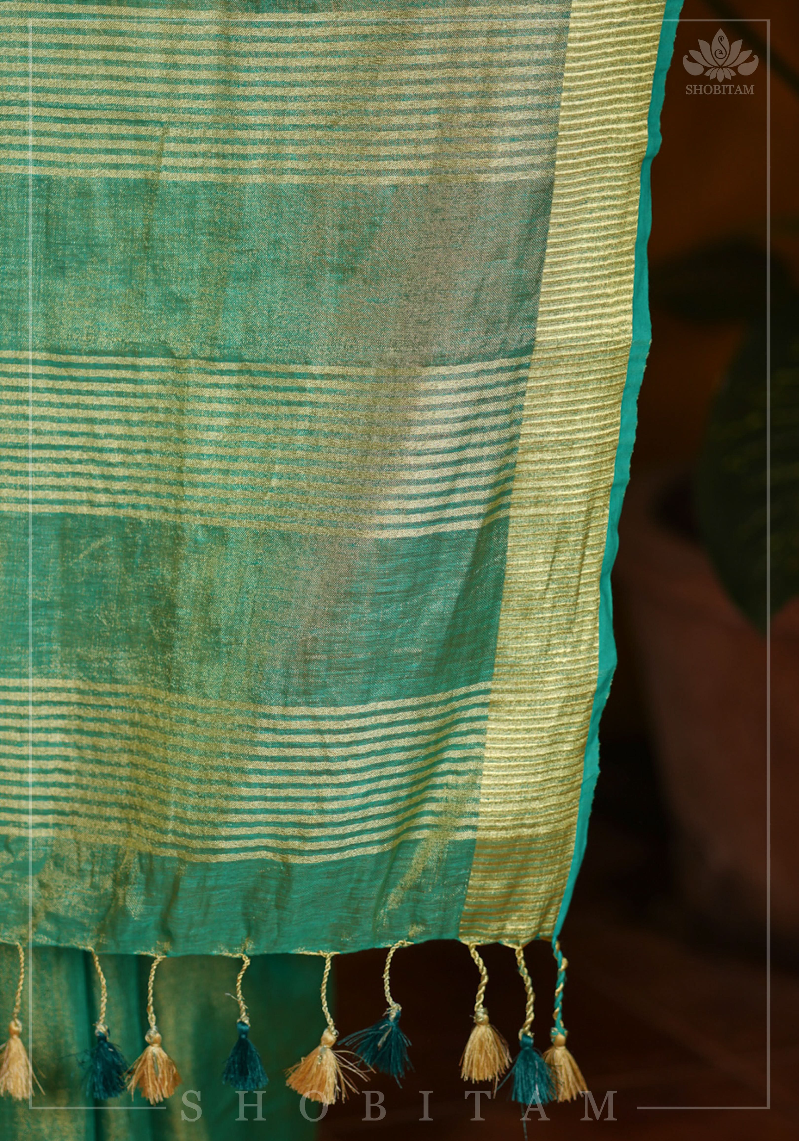 Rama Green and Gold Tissue by Linen Saree | Shobitam - Image 7