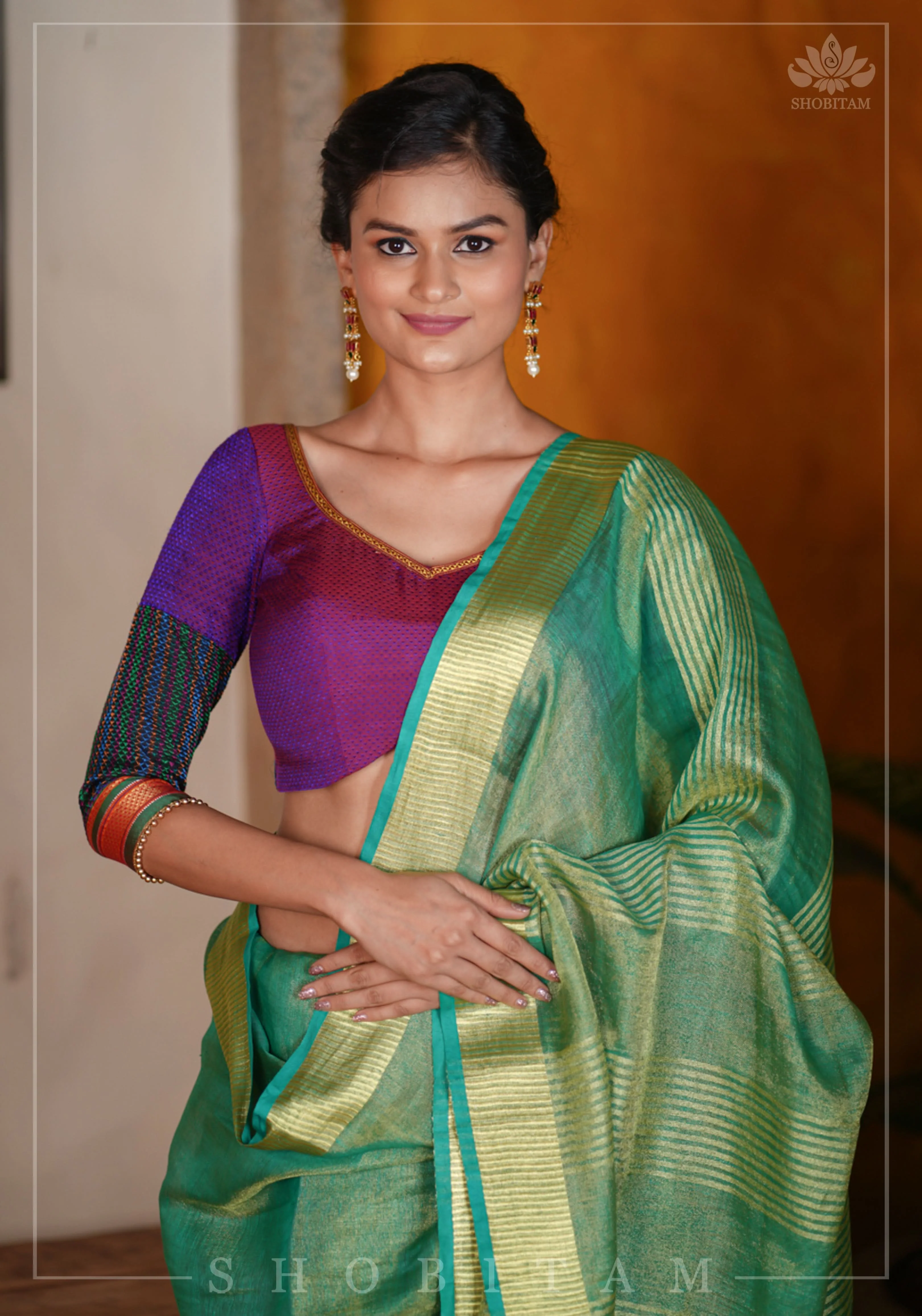 Rama Green and Gold Tissue by Linen Saree | Shobitam - Image 8