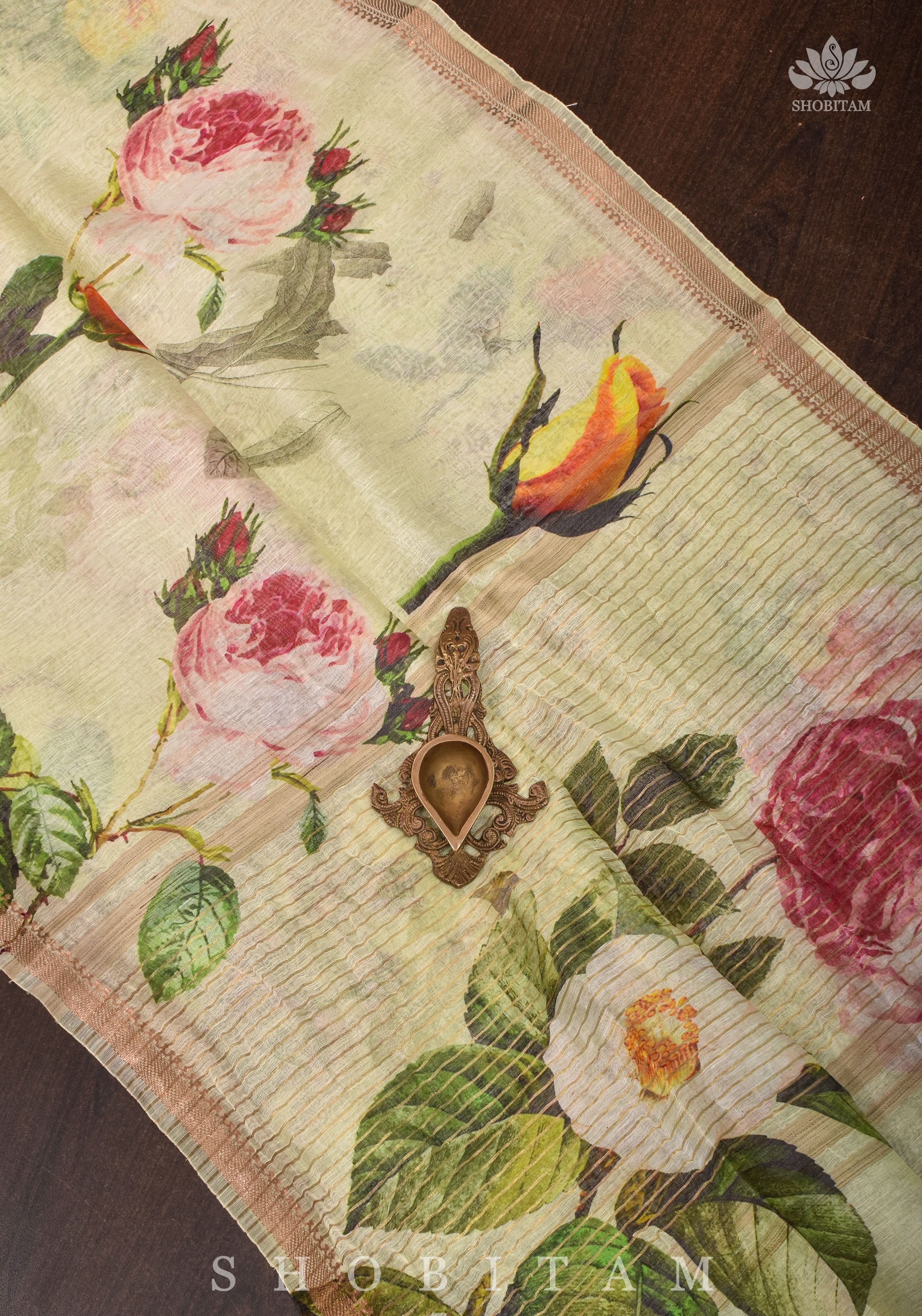 Charming Cream Floral Print Silk Linen Saree with long tassels | Shobitam - Image 11
