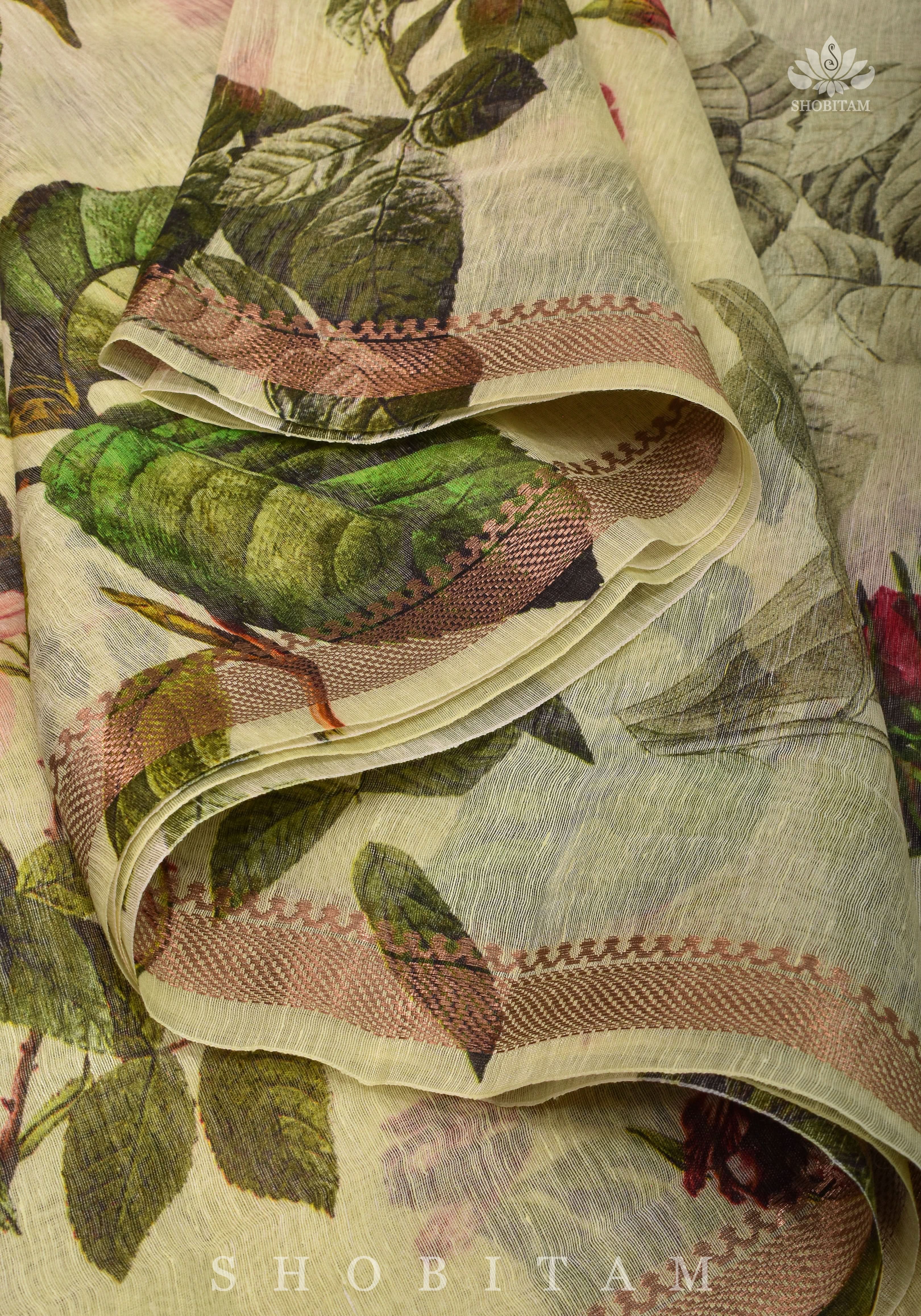 Charming Cream Floral Print Silk Linen Saree with long tassels | Shobitam - Image 12