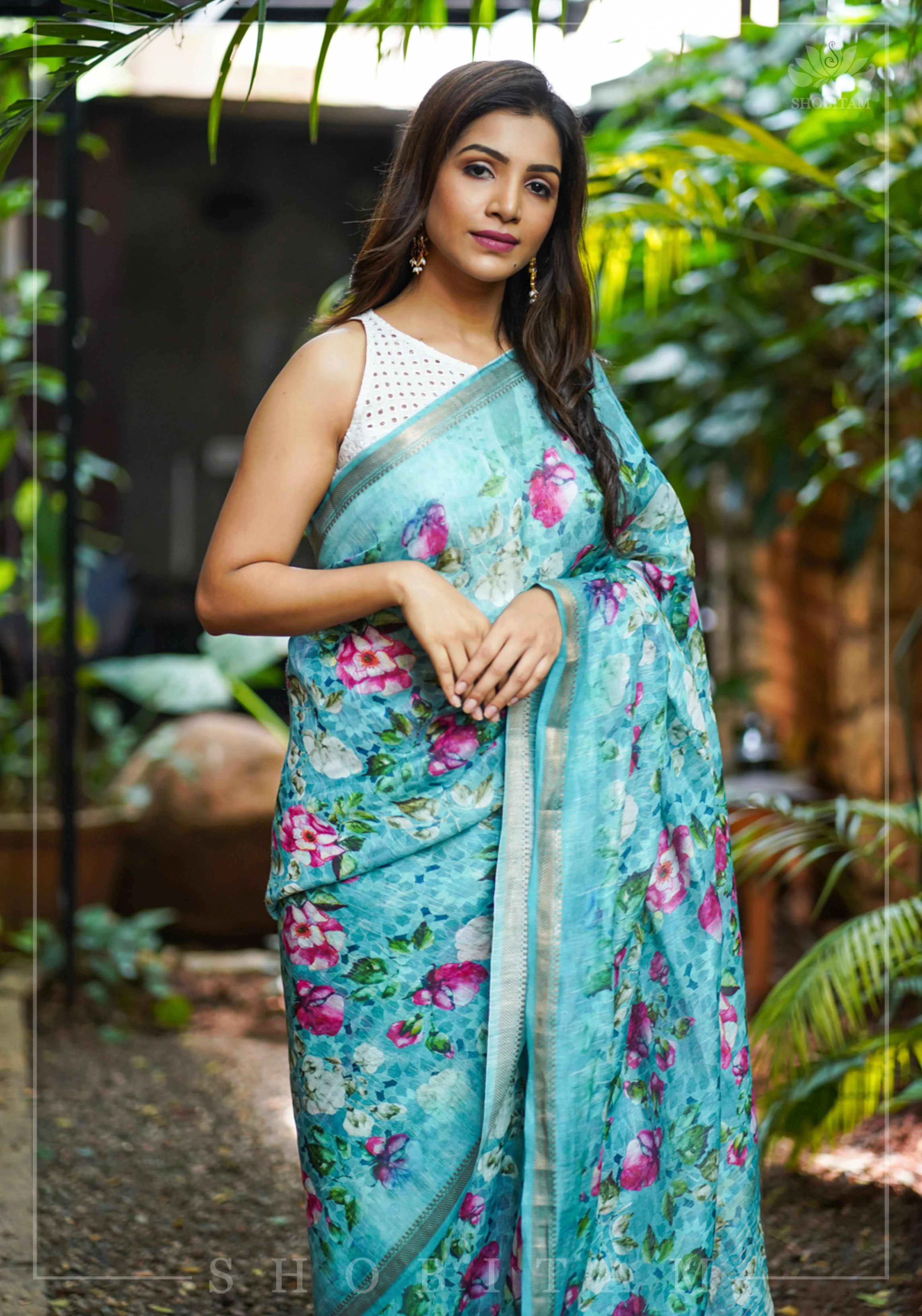 Blue Silk Linen Saree with Floral Digital Print | Shobitam - Image 4