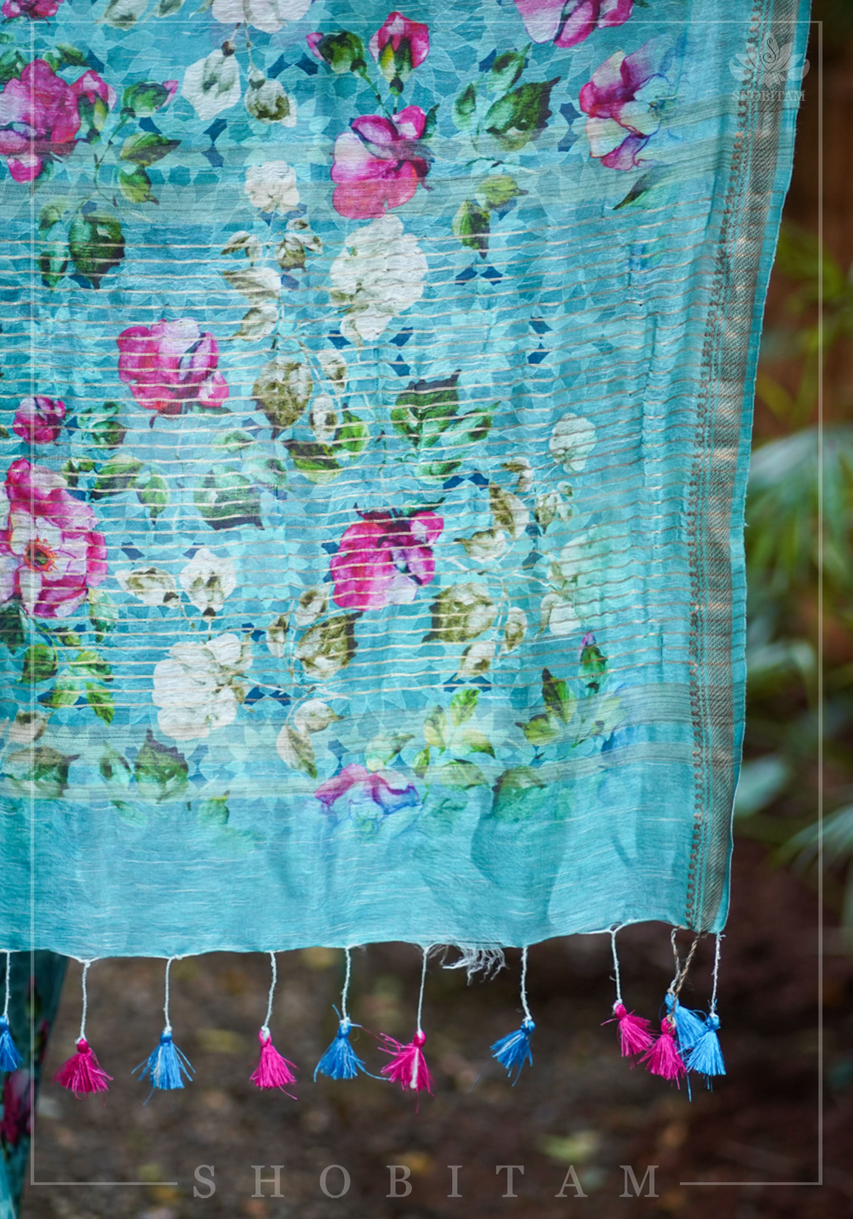 Blue Silk Linen Saree with Floral Digital Print | Shobitam - Image 5