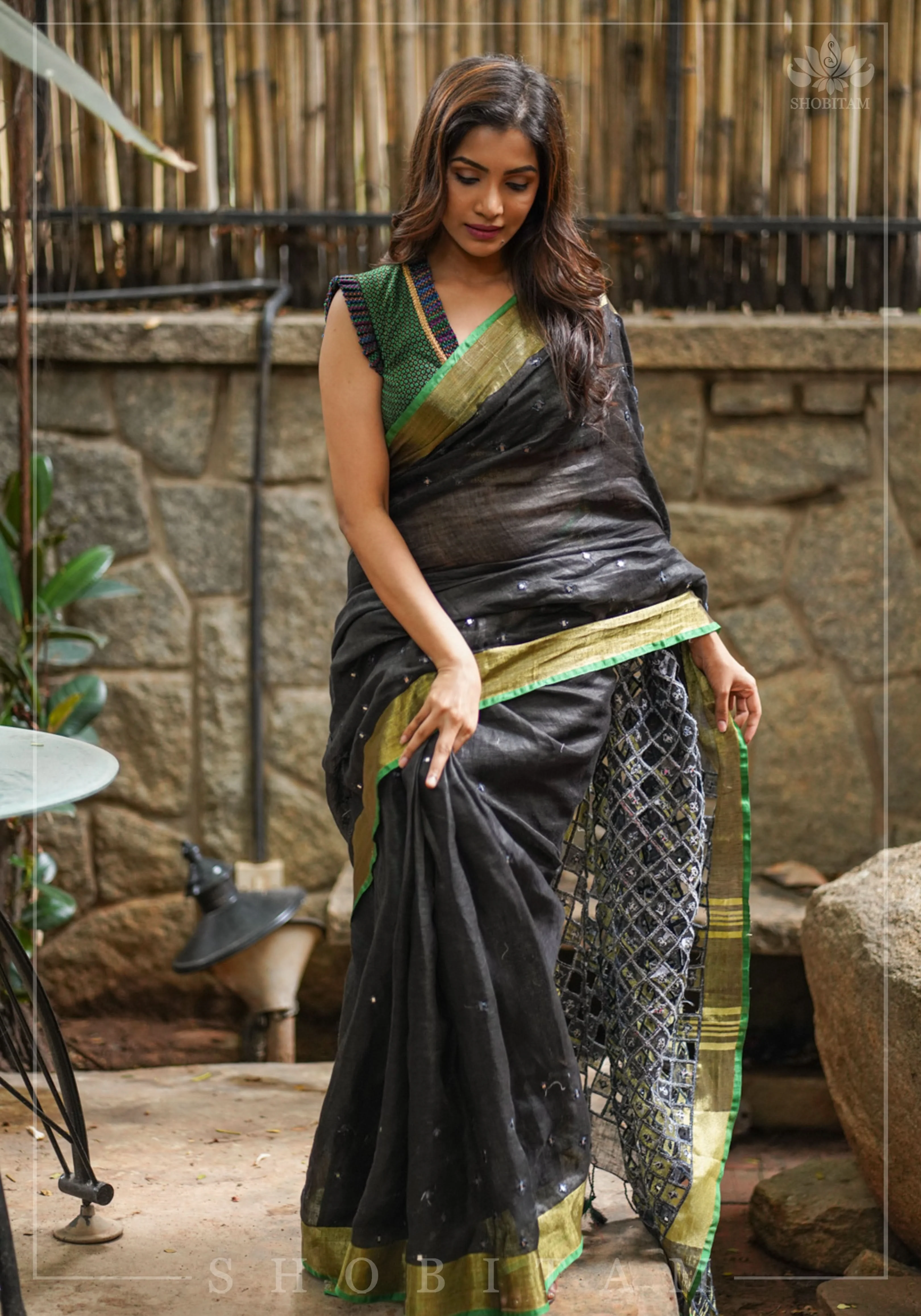 Cutwork Linen Saree in Black with Green borders | Shobitam - Image 3