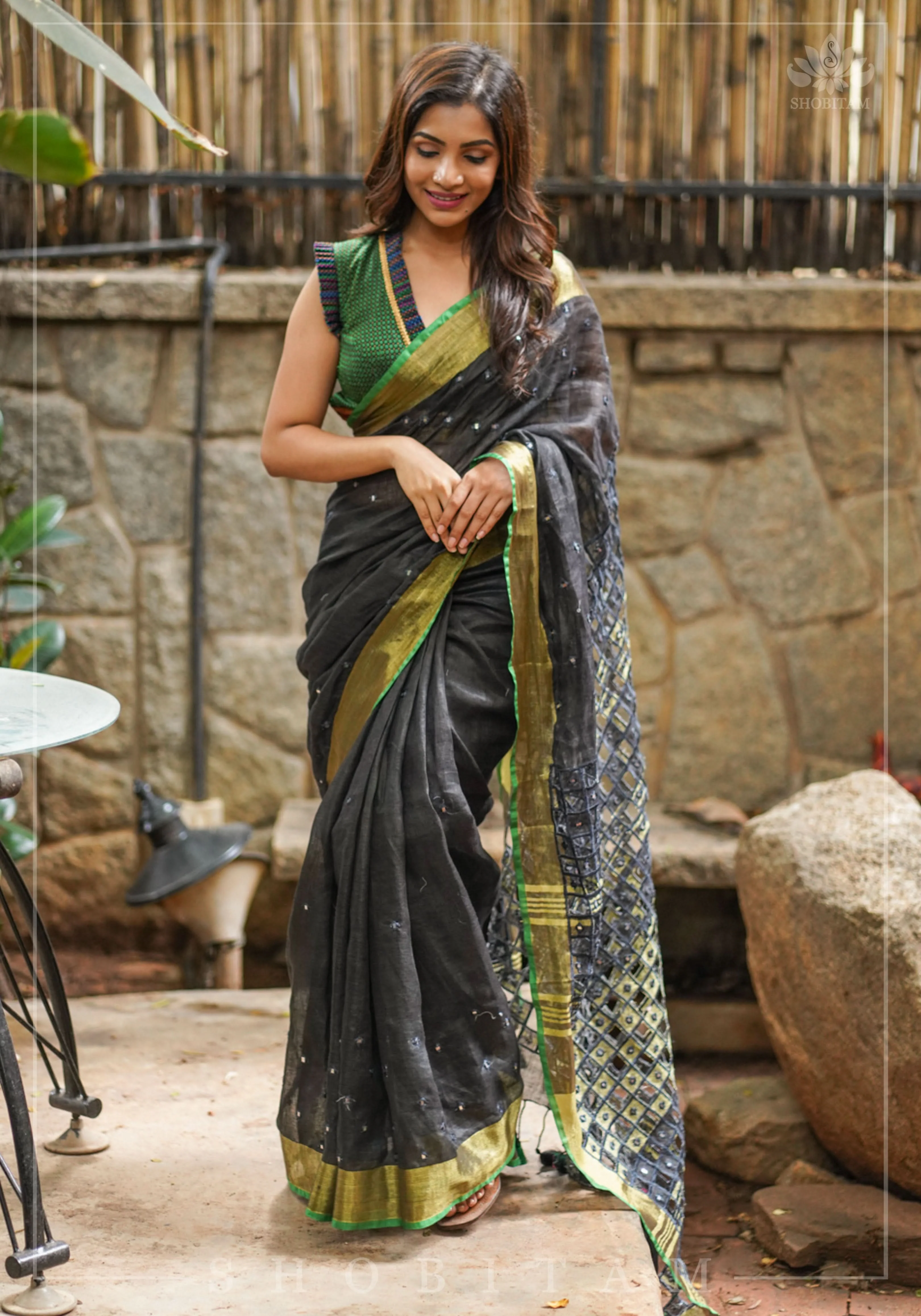 Cutwork Linen Saree in Black with Green borders | Shobitam - Image 6