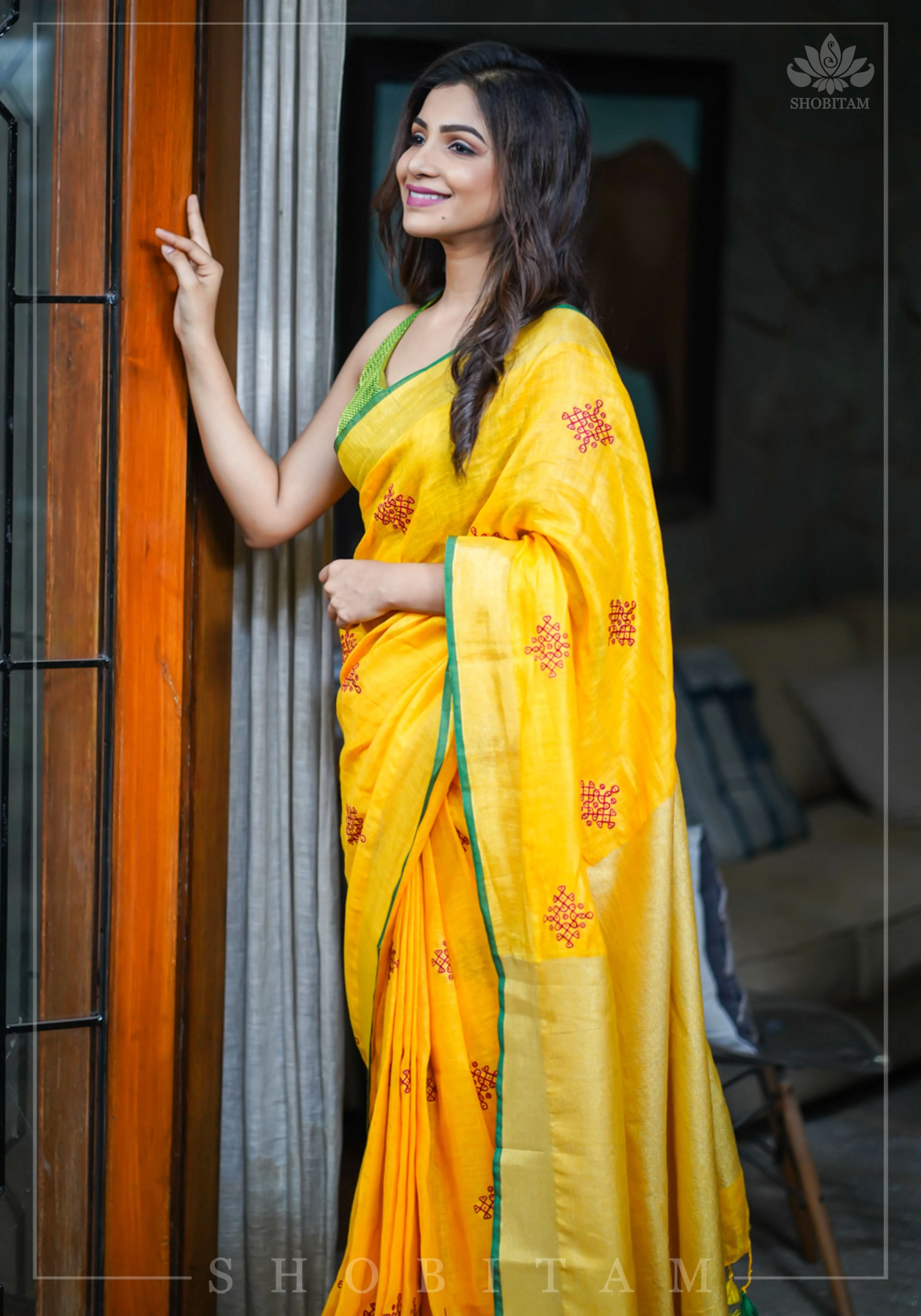 Shobitam Exclusive - Rangoli Embroidered Border on Pure Linen by Linen Saree in Yellow, Gold and Green - Image 4
