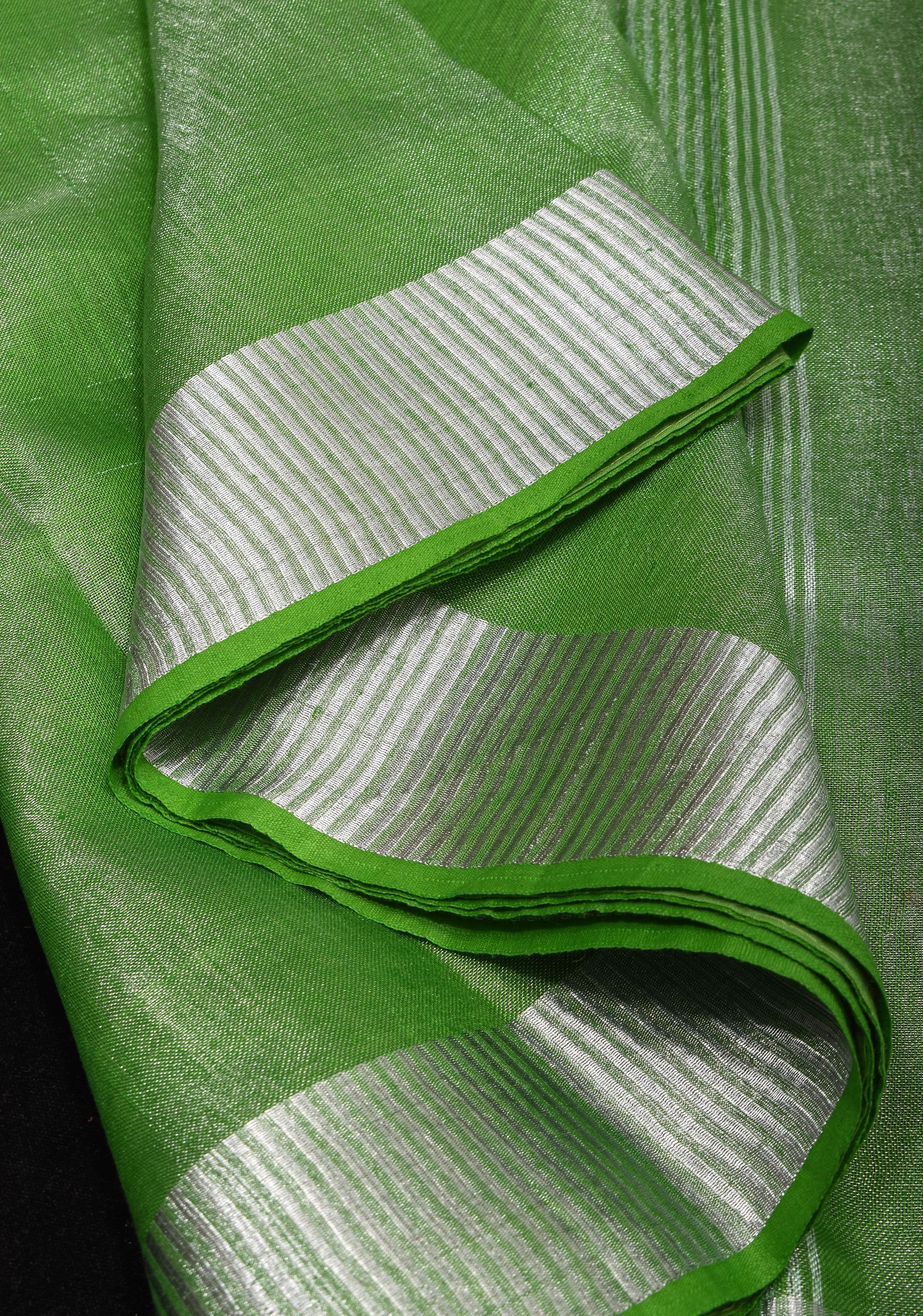 Green Silver Tissue Linen Saree with Silver Ribbed Zari Borders and Panel Pallu | Shobitam - Image 6