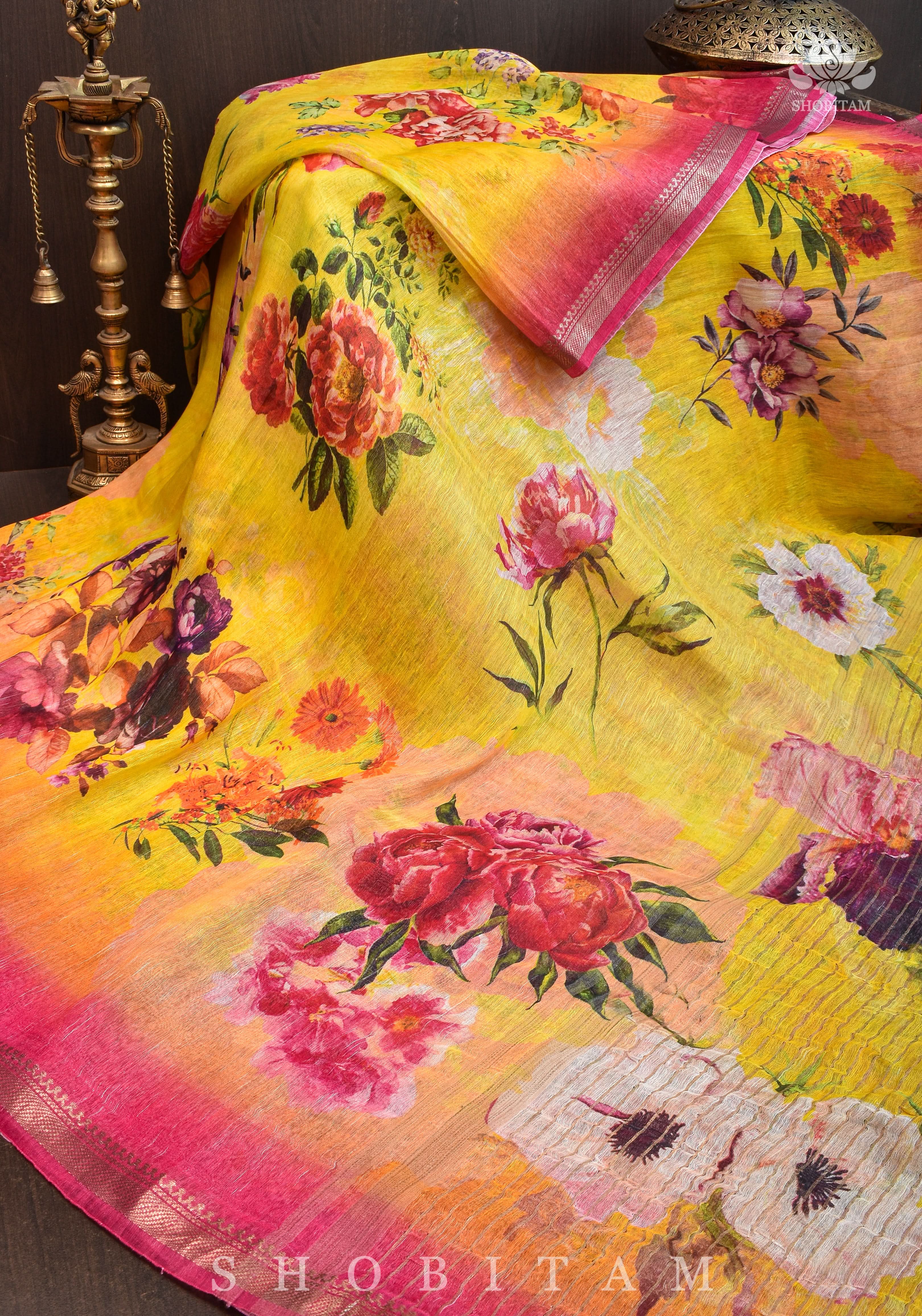 Yellow Floral Digital Print Silk Linen Saree | Shobitam