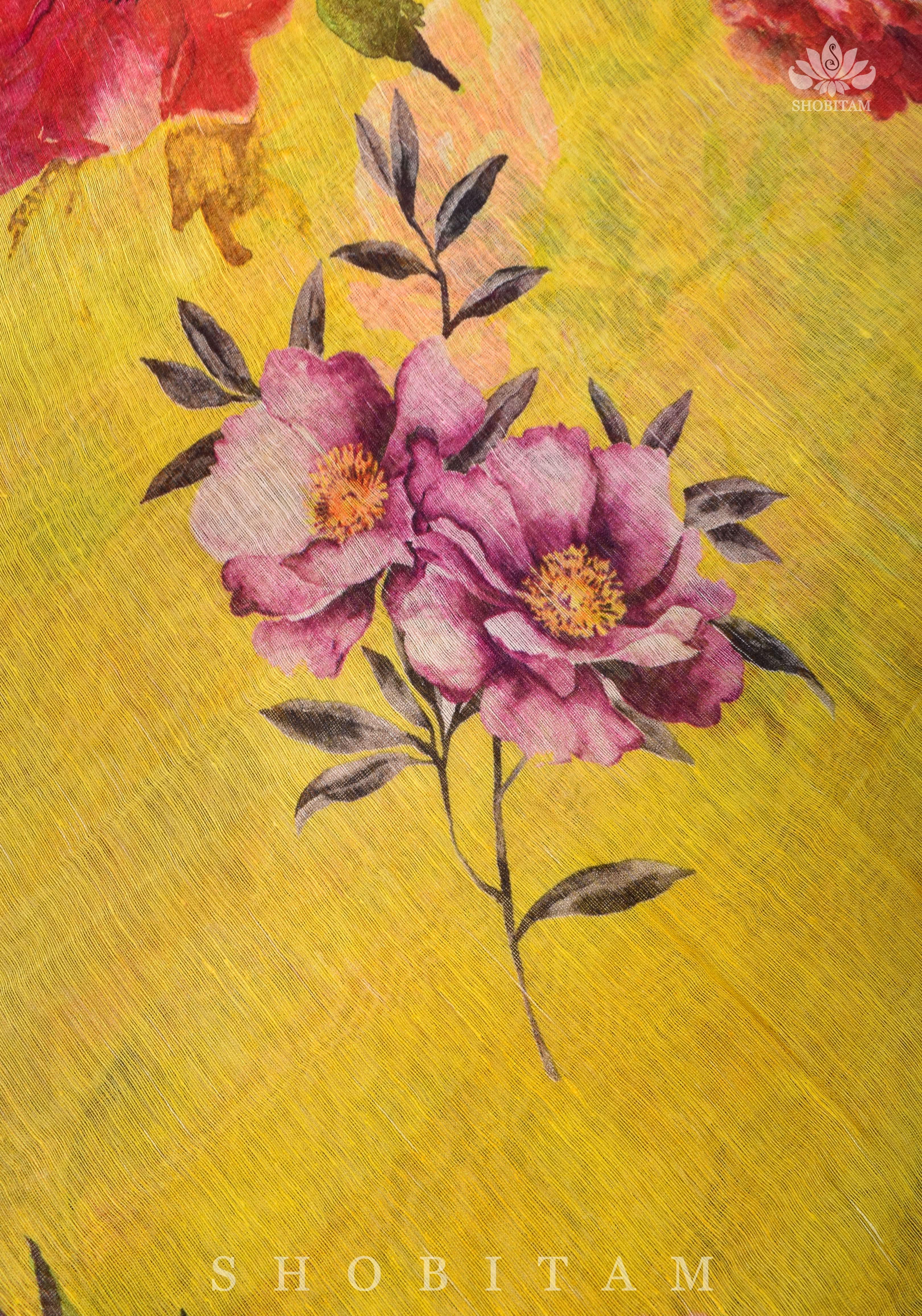 Yellow Floral Digital Print Silk Linen Saree | Shobitam - Image 7