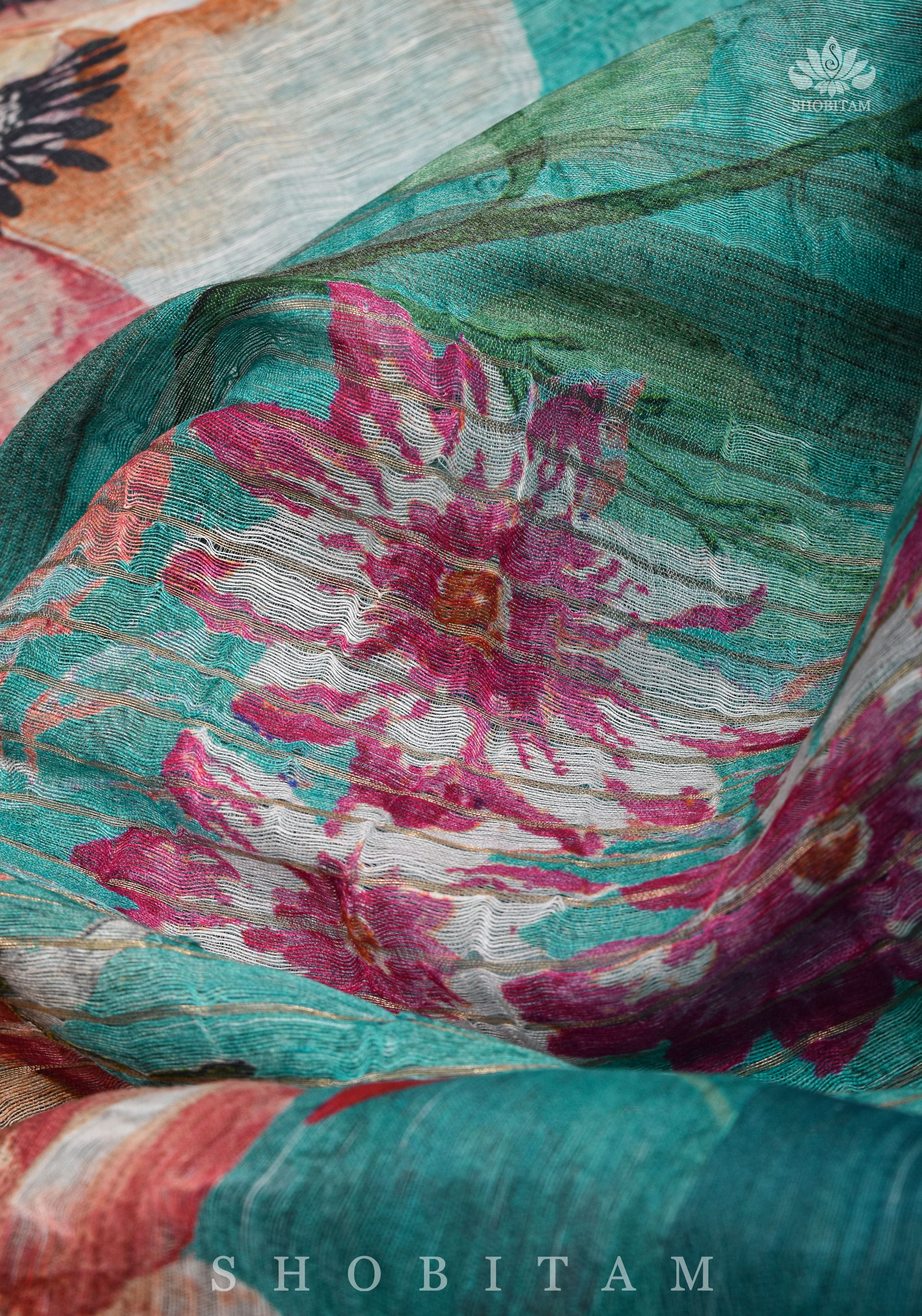 Green Floral Digital Print Silk Linen Saree | Shobitam - Image 7