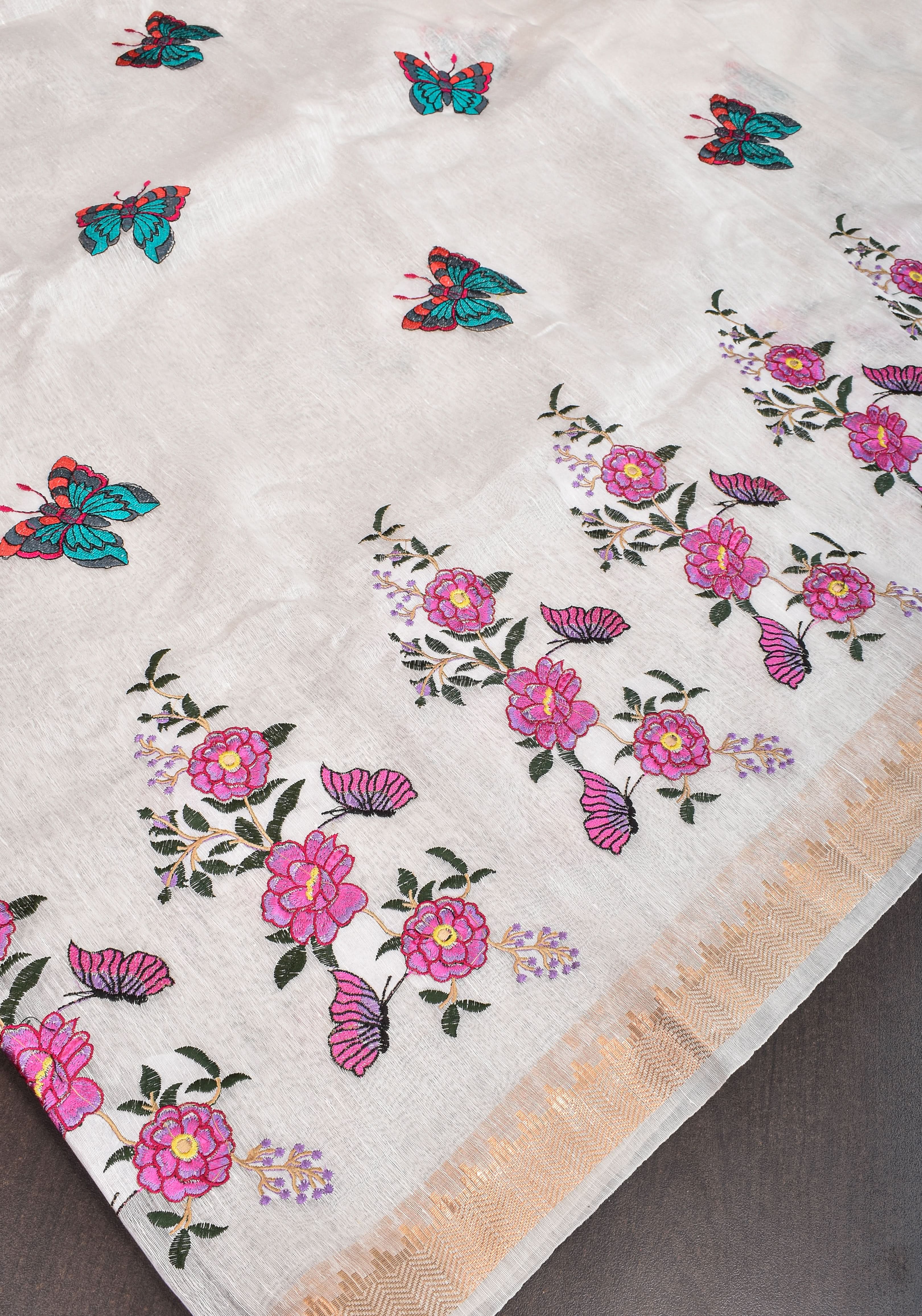 Blooms of Joy - Floral Embroidered Silk Linen Saree in Off White | Shobitam - Image 11