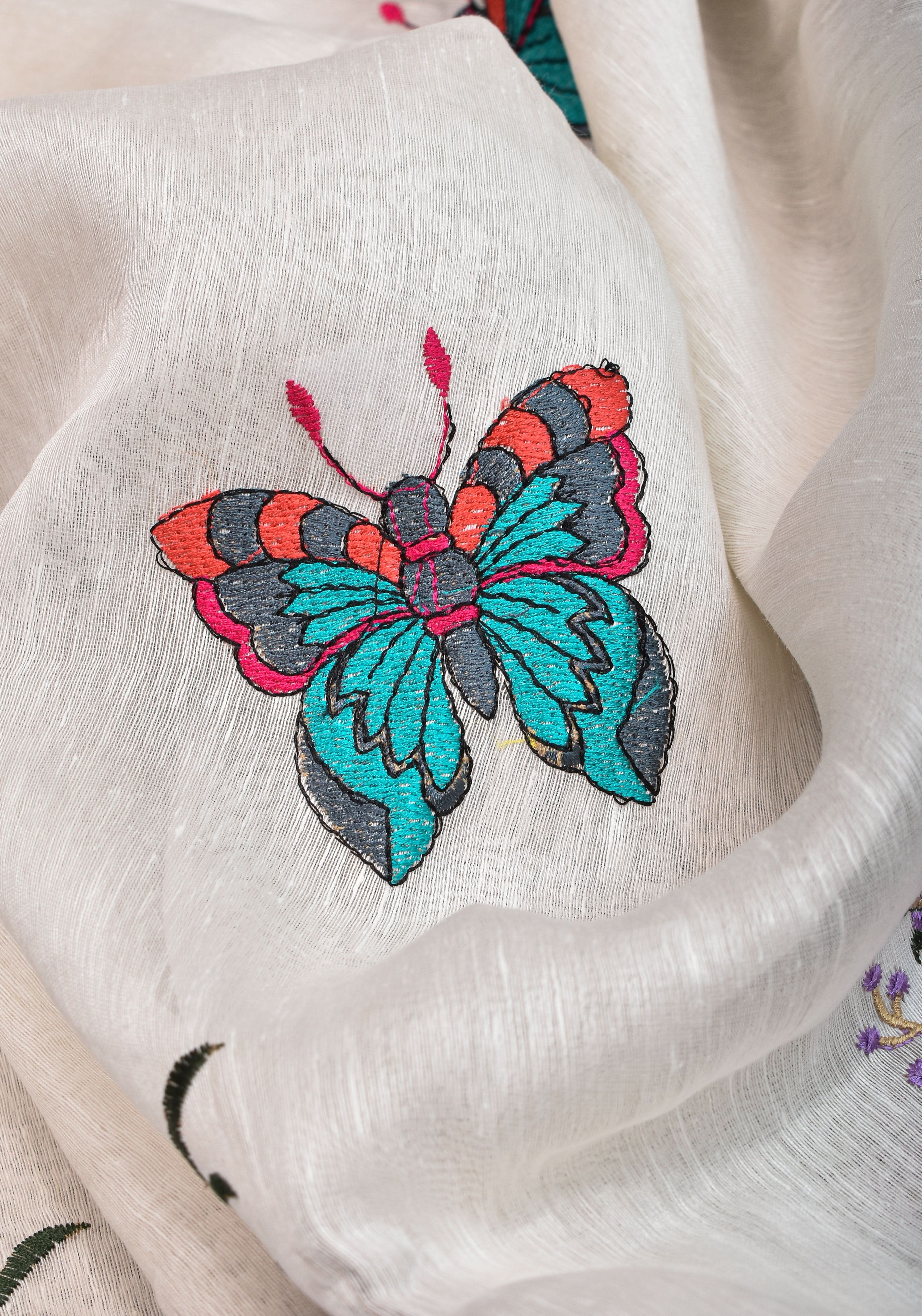 Blooms of Joy - Floral Embroidered Silk Linen Saree in Off White | Shobitam - Image 12