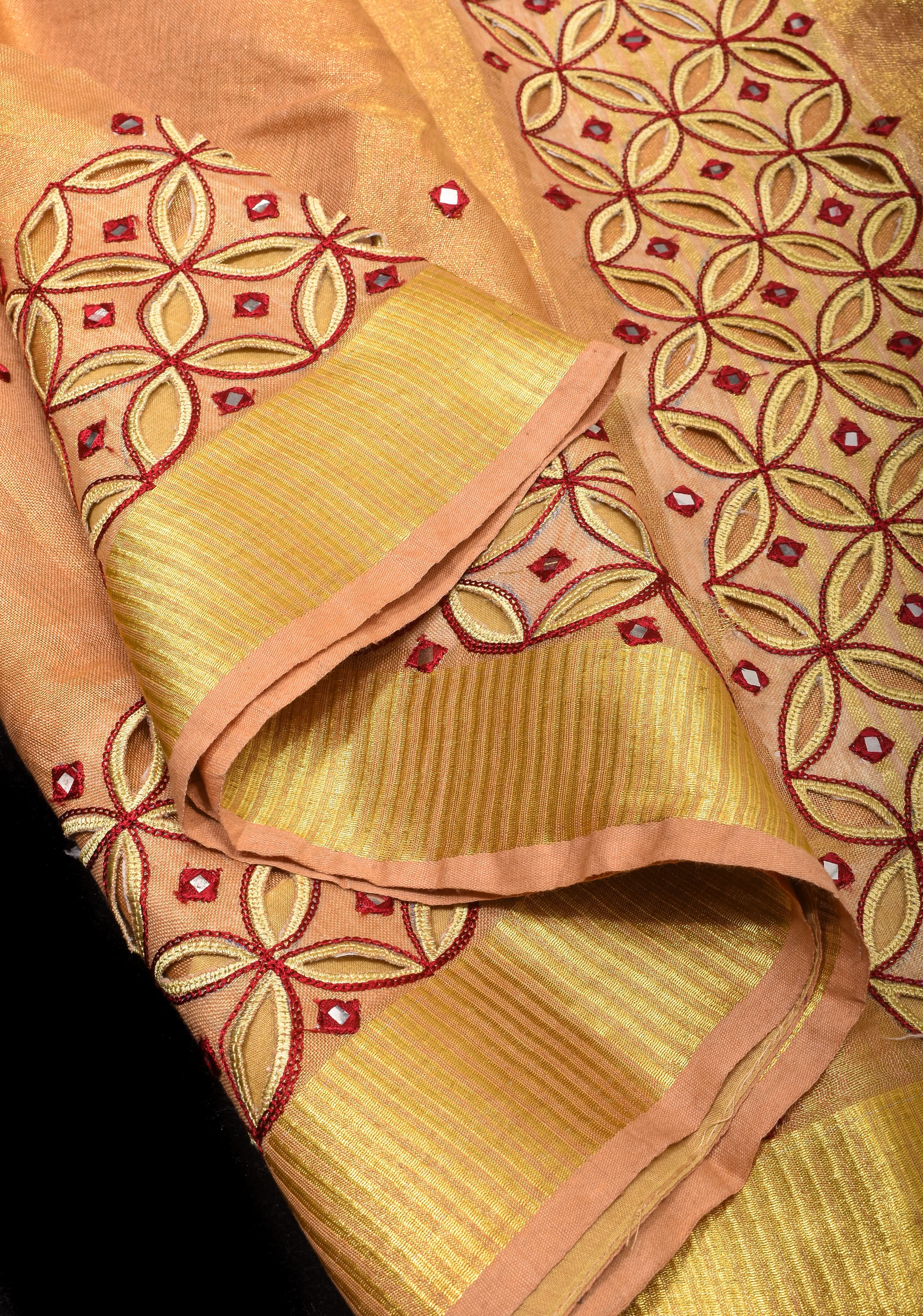 Exquisite Chudi Design Cutwork Saree in Tan Gold Tissue Linen with Maroon Highlights and Mirror disk work | Shobitam - Image 6