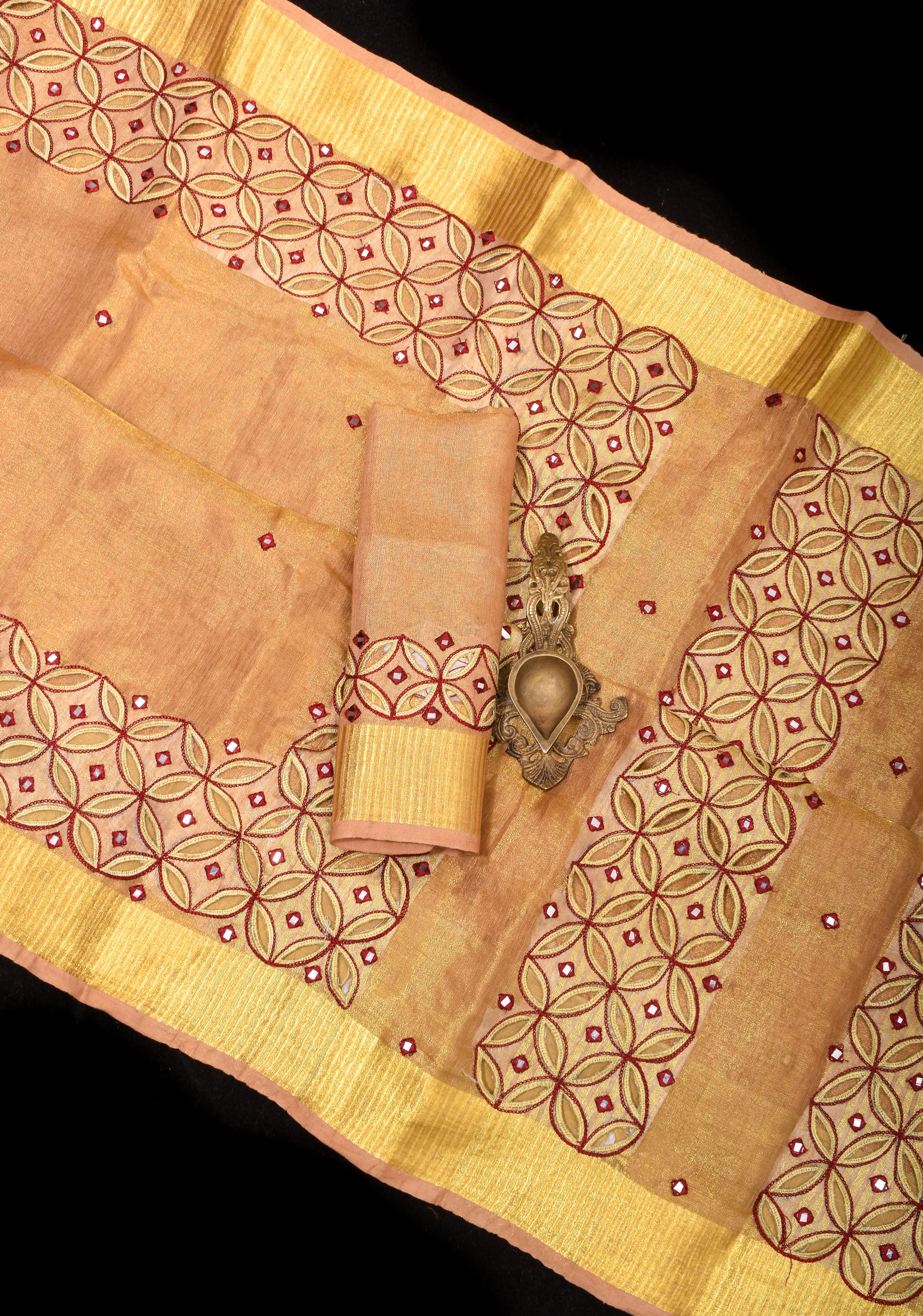 Exquisite Chudi Design Cutwork Saree in Tan Gold Tissue Linen with Maroon Highlights and Mirror disk work | Shobitam - Image 9
