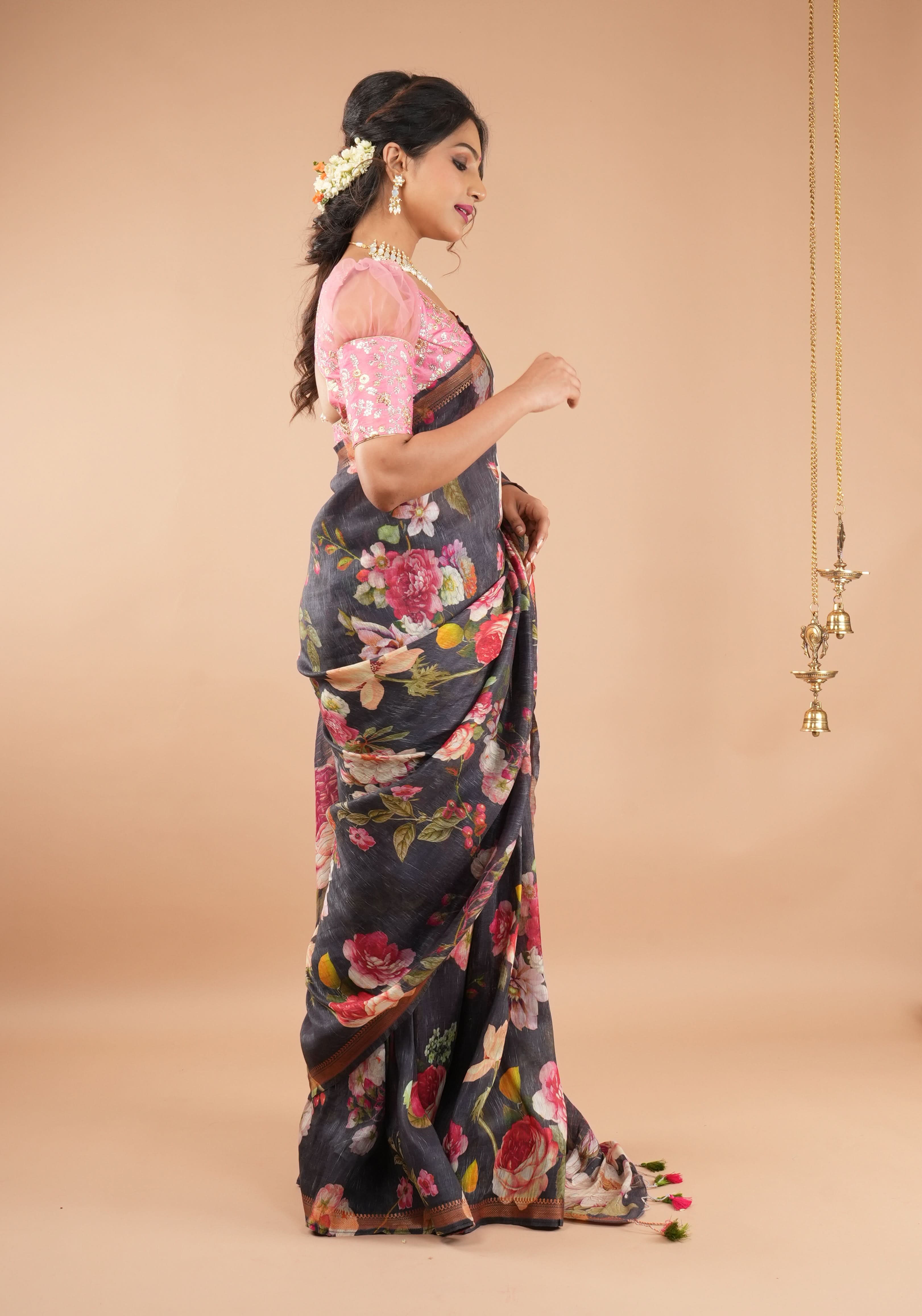 Brown-Black Silk Linen Saree with Floral Digital Print and Woven Zari Borders | Shobitam - Image 3