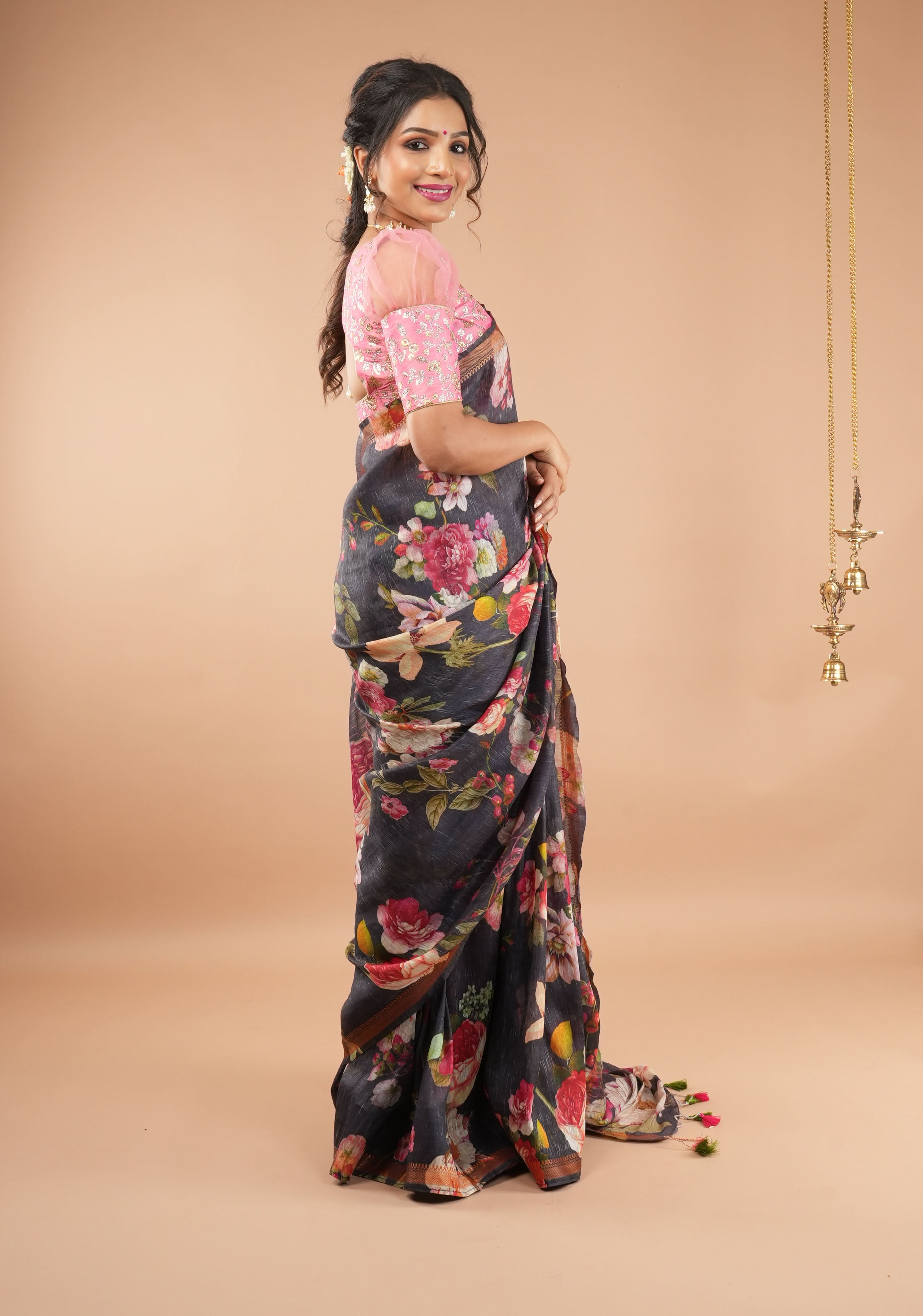 Brown-Black Silk Linen Saree with Floral Digital Print and Woven Zari Borders | Shobitam - Image 5