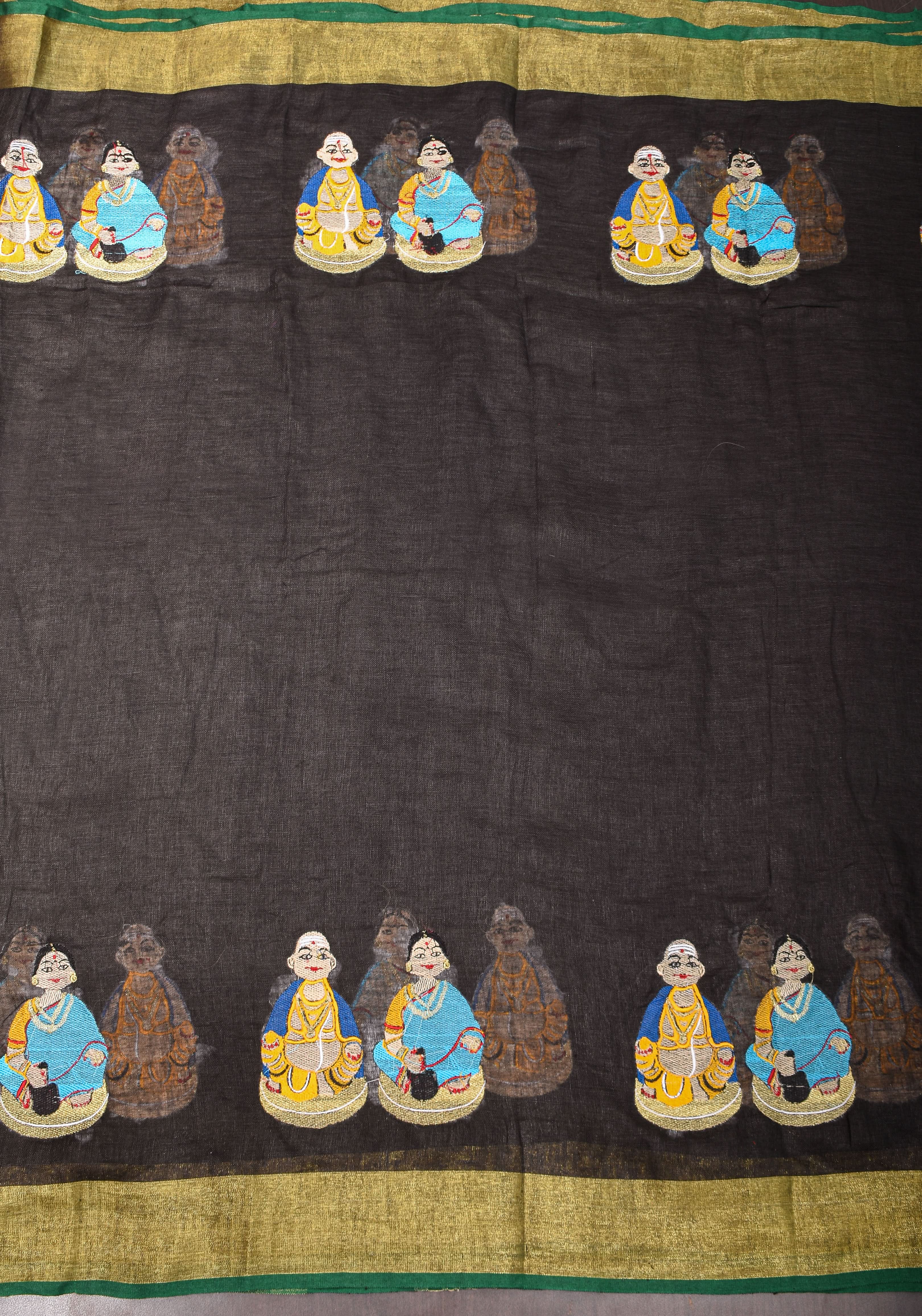 Golu Dolls Embroidery Saree in Black on Pure Linen by Linen | Shobitam saree - Image 12
