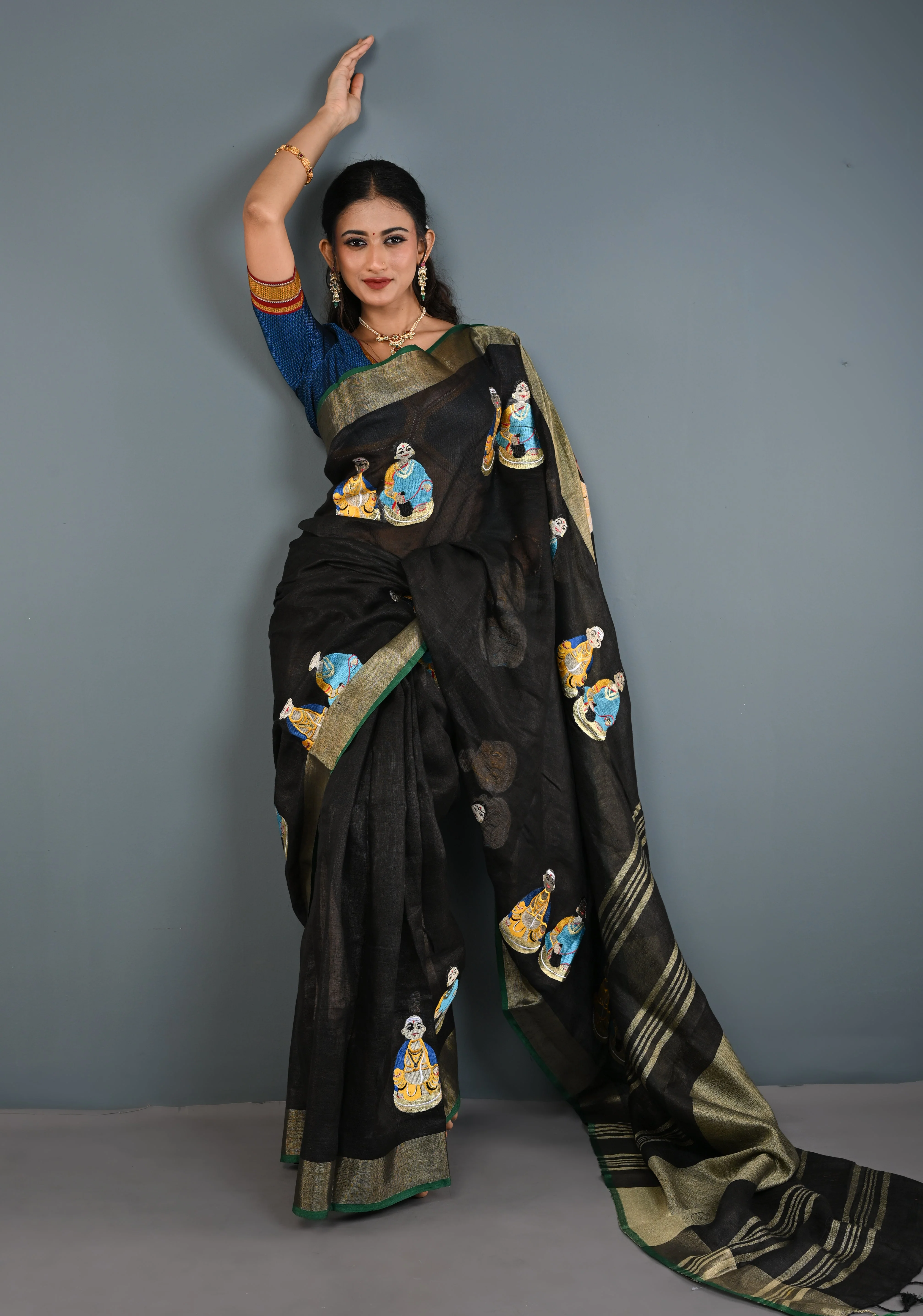 Golu Dolls Embroidery Saree in Black on Pure Linen by Linen | Shobitam saree - Image 3
