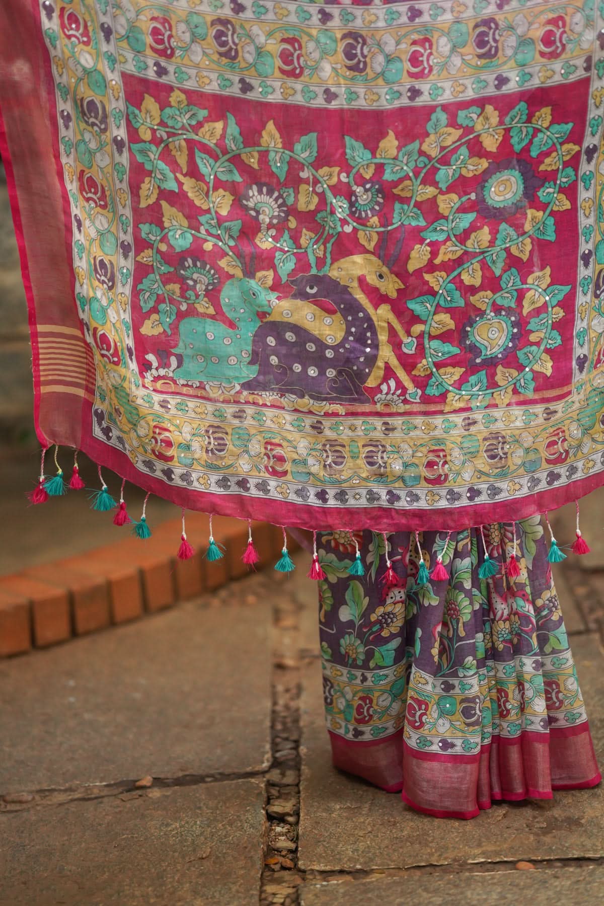 Distressed Print Kalamkari Linen Saree with Hand Sequin Work | Shobitam - Image 4