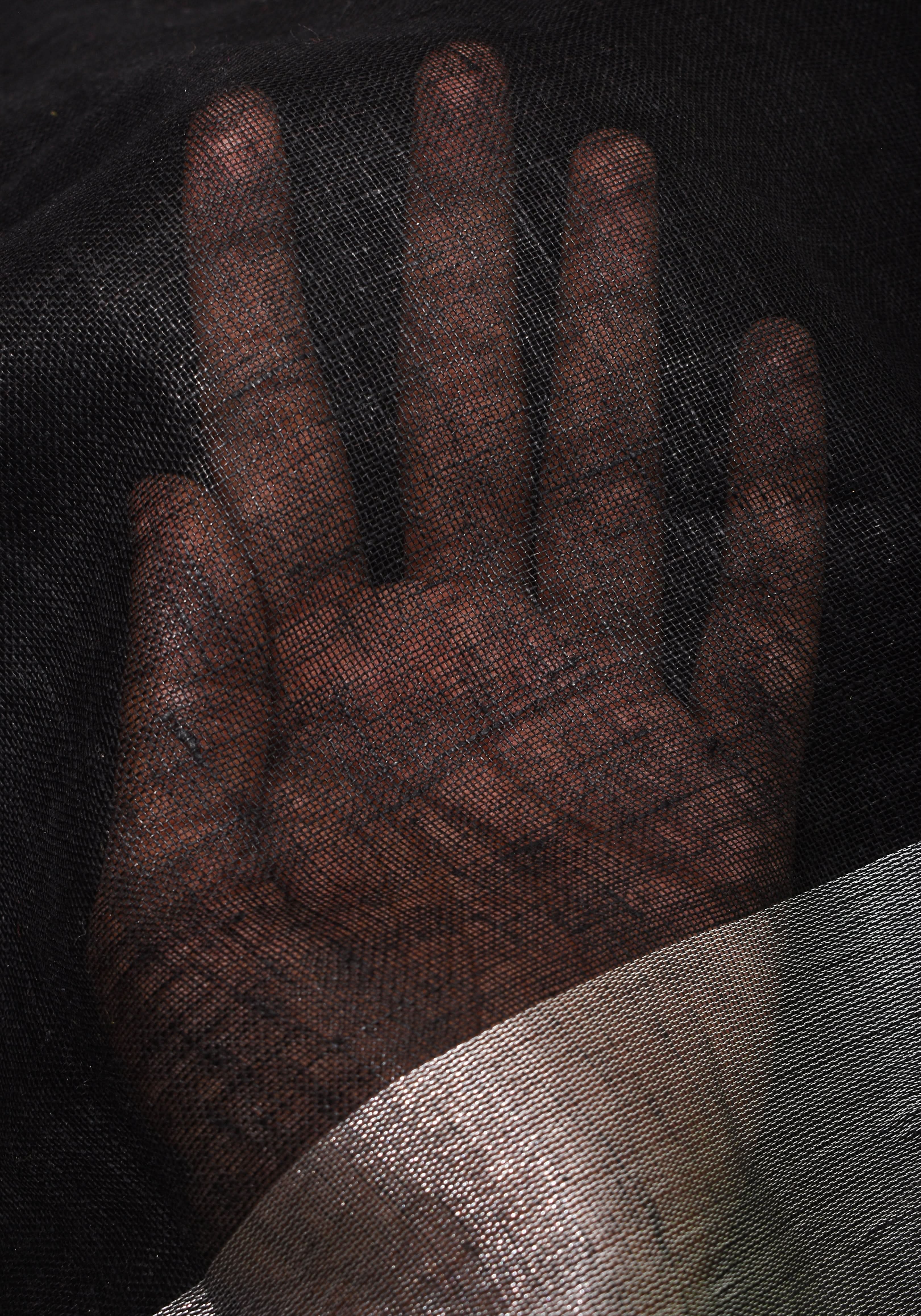 Black and Leaf Green Wide Border Linen by Linen Saree | Shobitam - Image 4