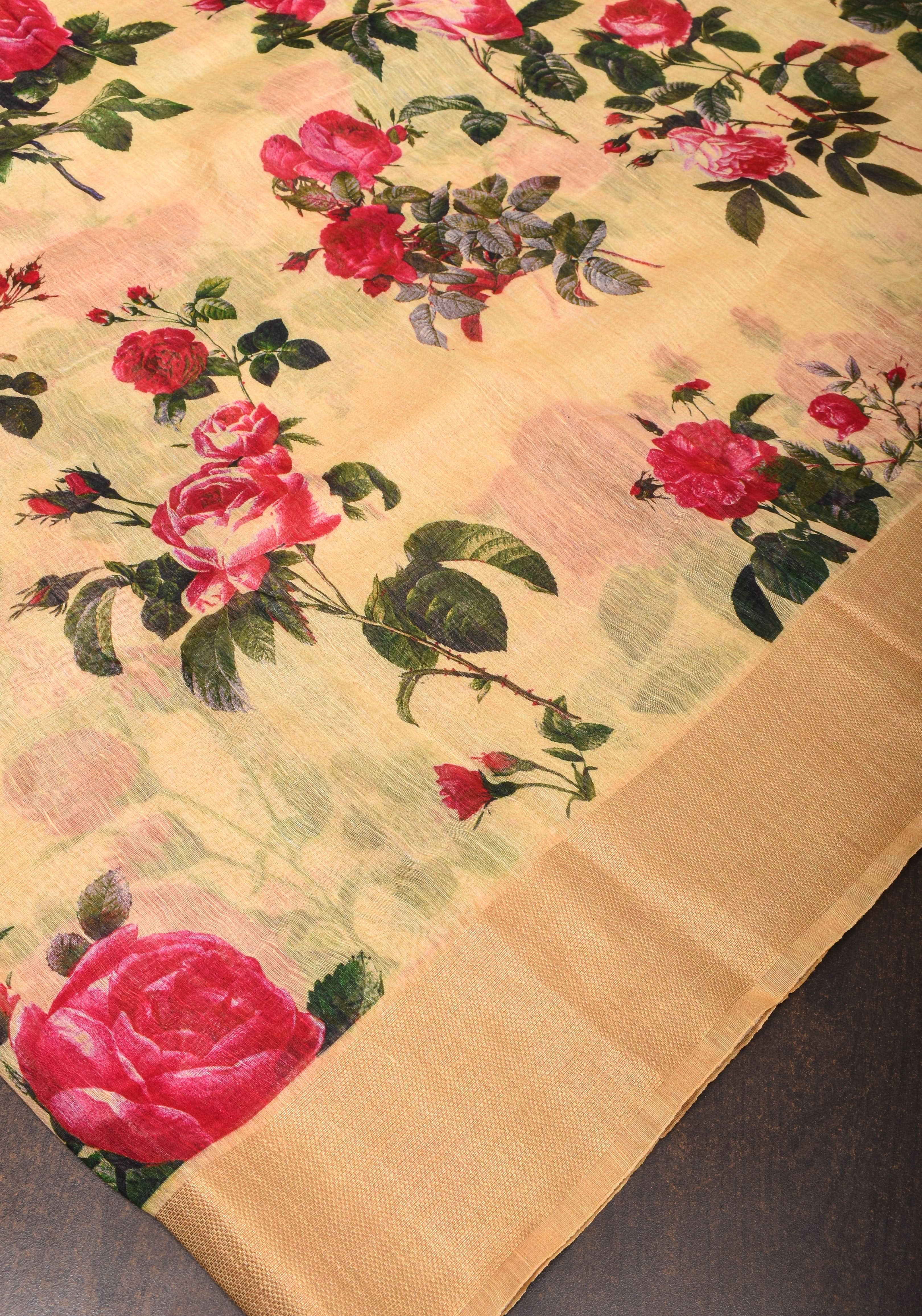 Cream Silk Linen Saree with Floral Digital Print | Shobitam - Image 4