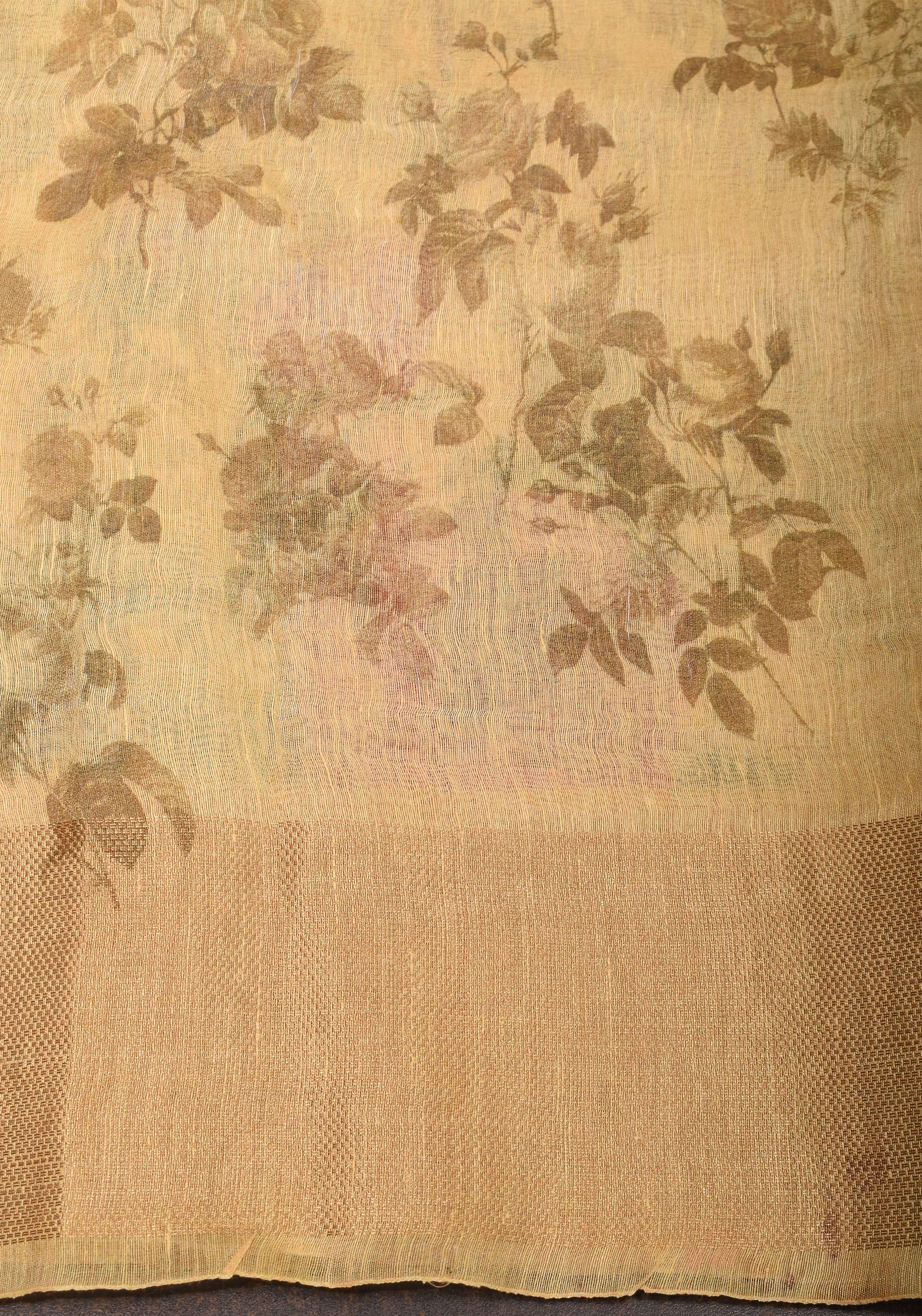 Cream Silk Linen Saree with Floral Digital Print | Shobitam - Image 7