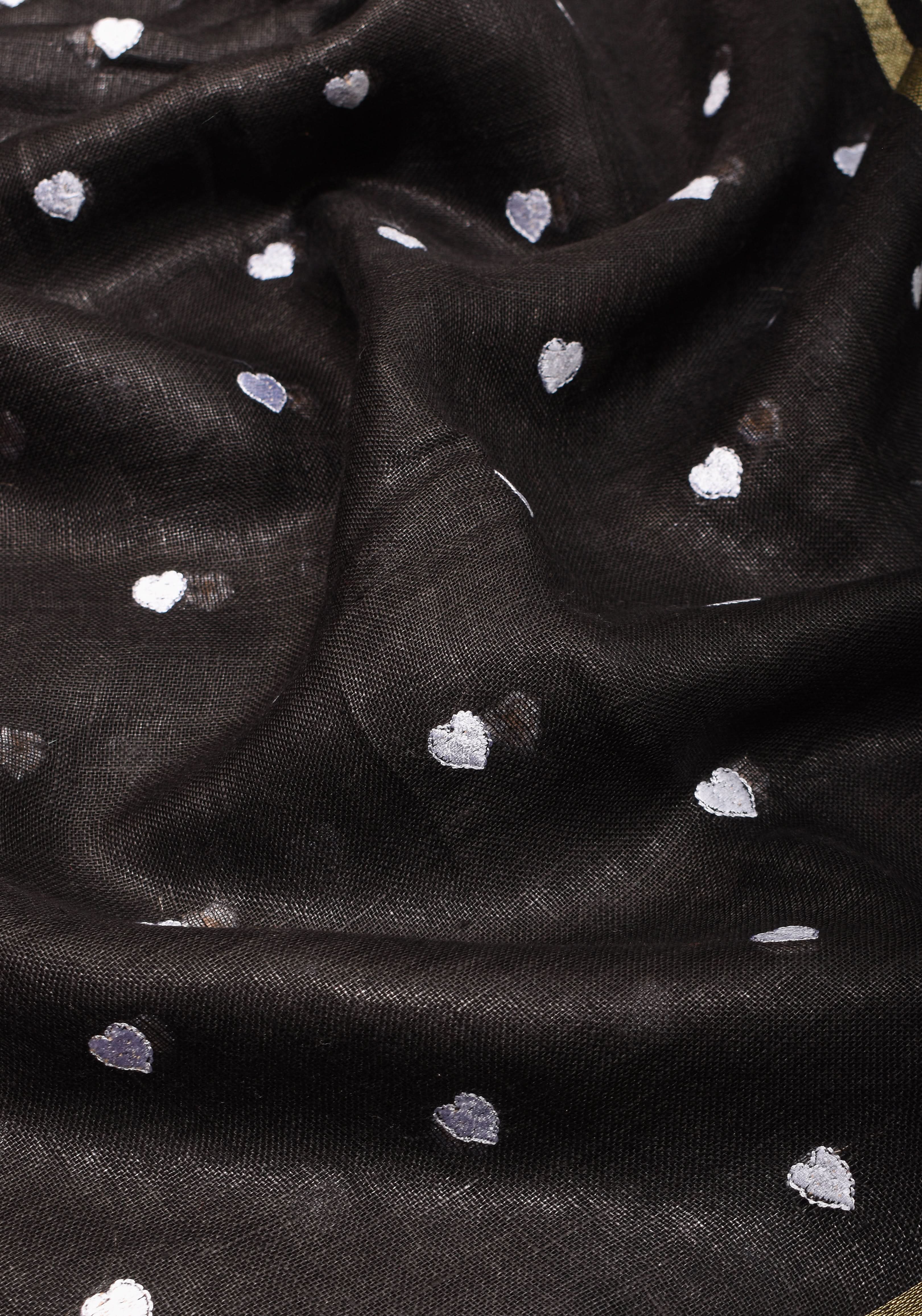Shobitam Exclusive Celebrity Loving Hearts Embroidered Black Pure Linen Saree - Image 6