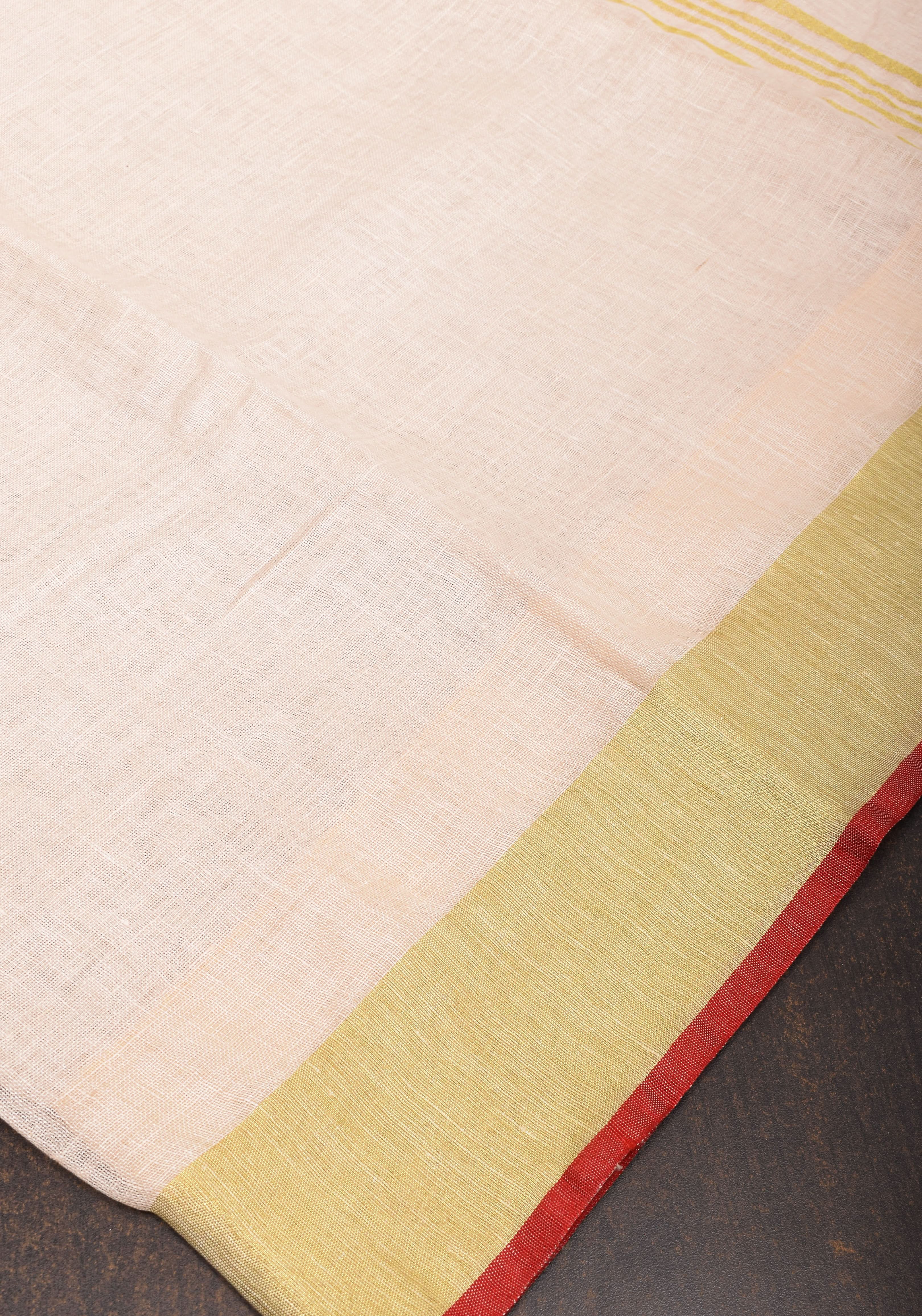 Ivory Linen by Linen saree with Red-Gold Border | Shobitam - Image 6