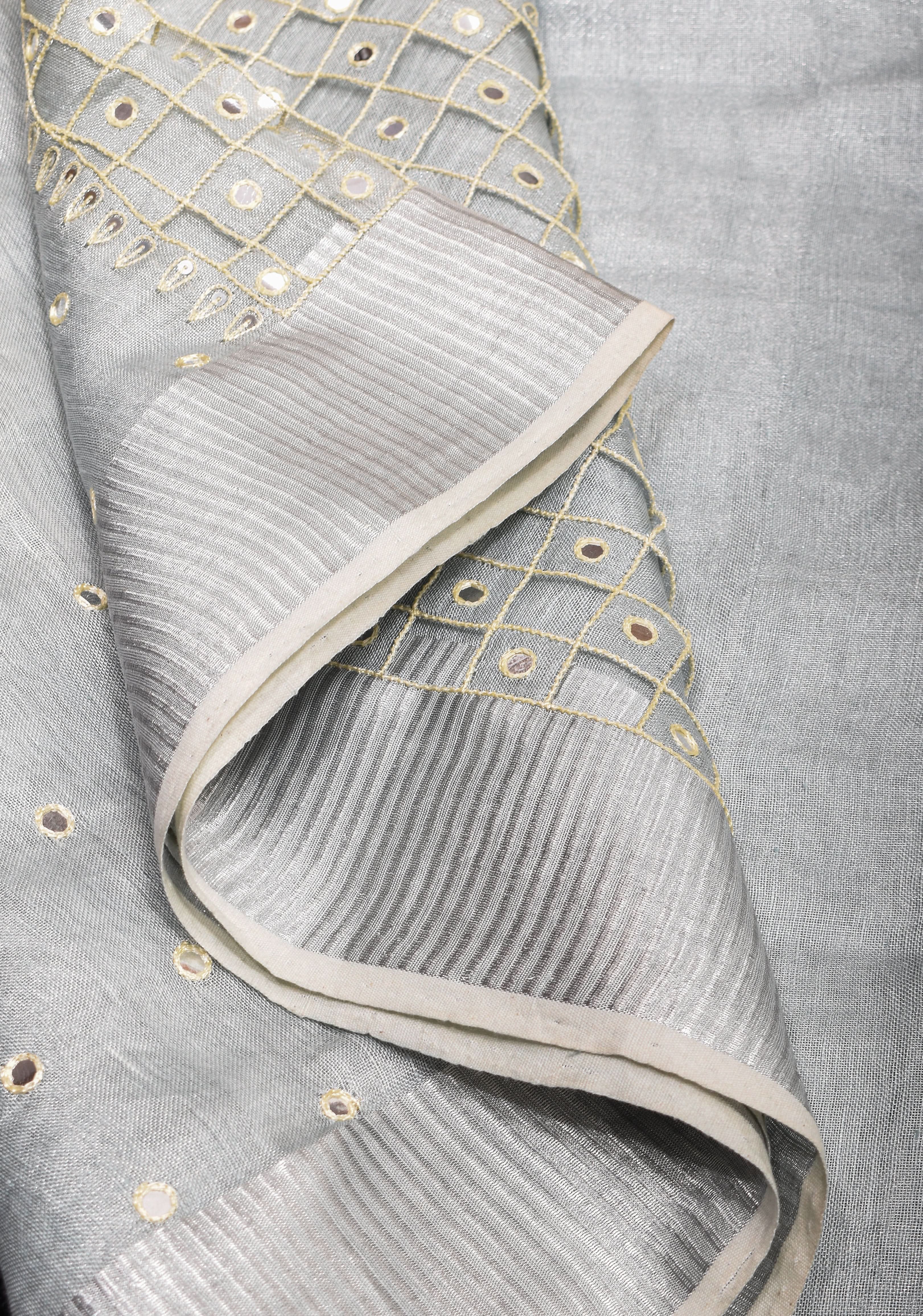 Cutwork and Mirror Work Tissue Linen Saree in White Silver with dramatic tassels | Shobitam - Image 5