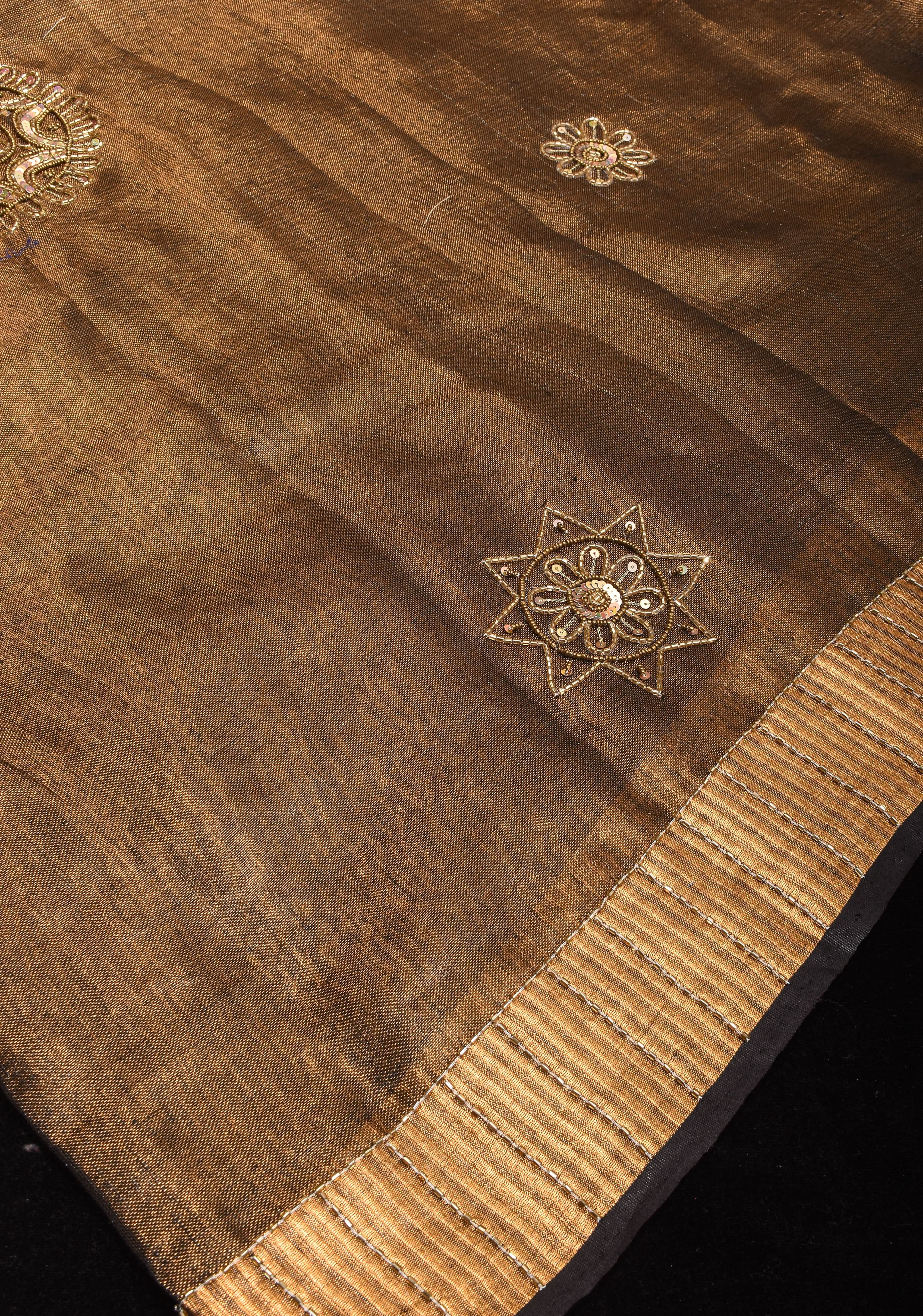 Embroidery cut dana with seqins Work Tissue Linen Saree in copper black with dramatic work Pallu | Shobitam - Image 14