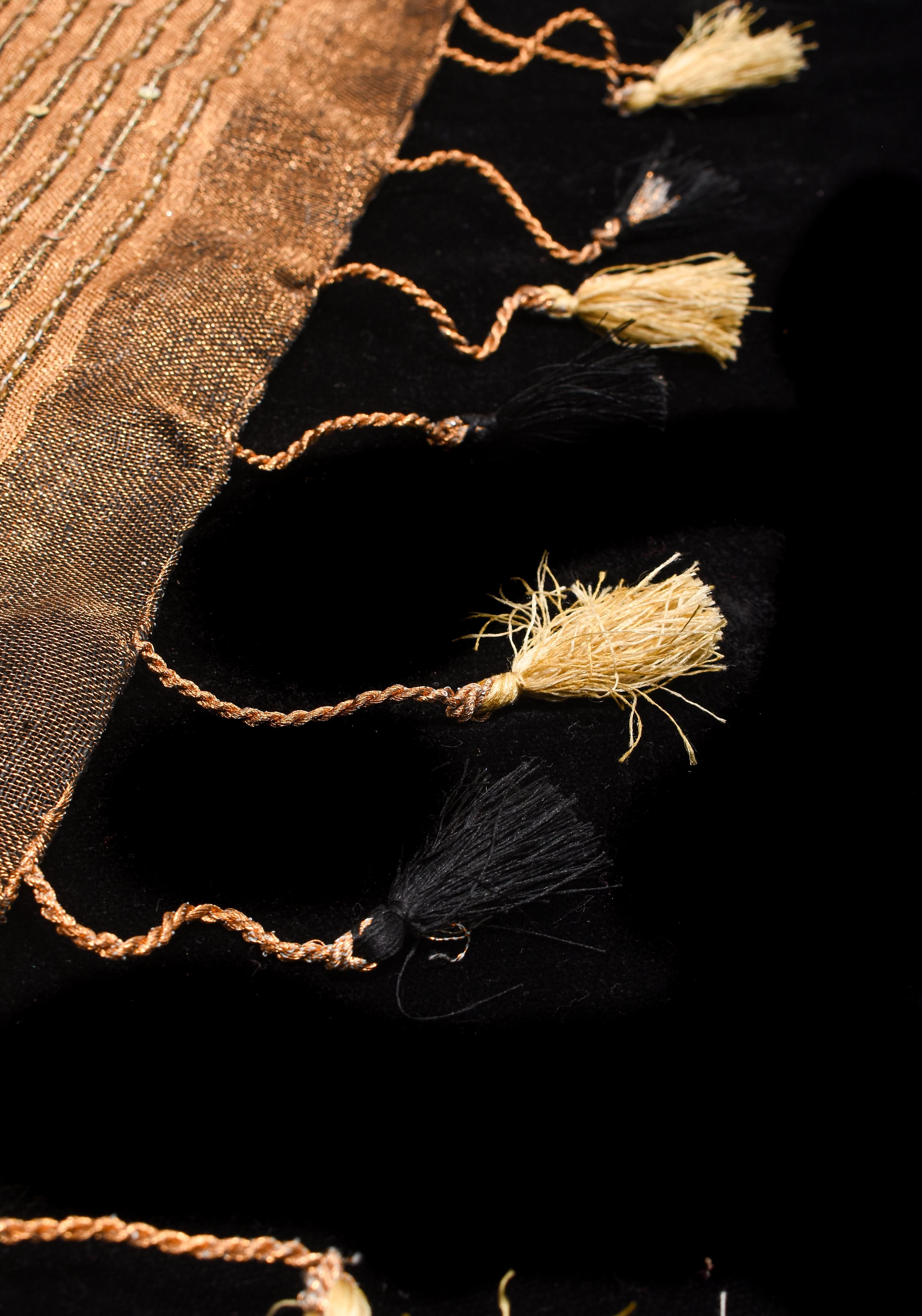 Embroidery cut dana with seqins Work Tissue Linen Saree in copper black with dramatic work Pallu | Shobitam - Image 19
