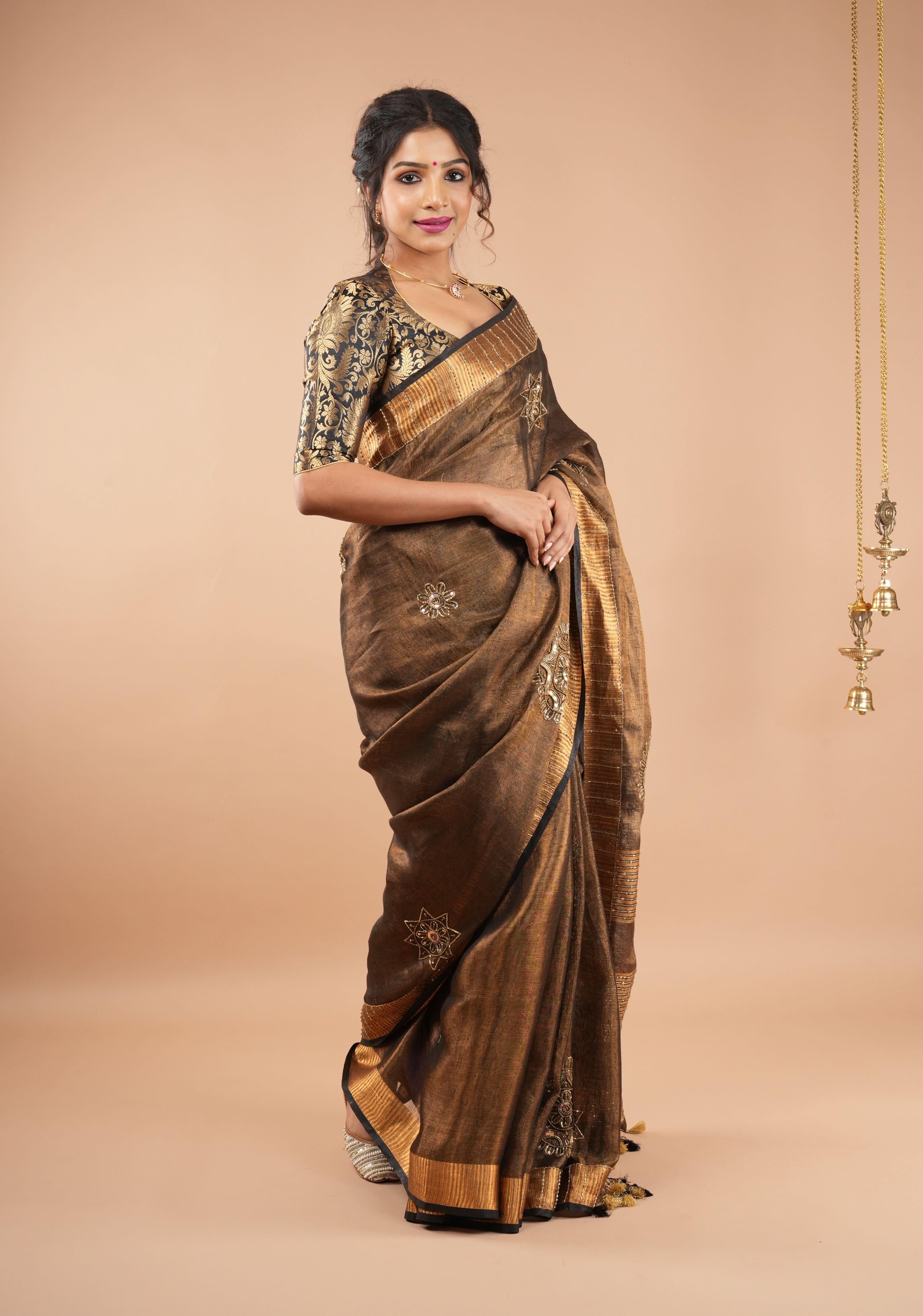 Embroidery cut dana with seqins Work Tissue Linen Saree in copper black with dramatic work Pallu | Shobitam - Image 4