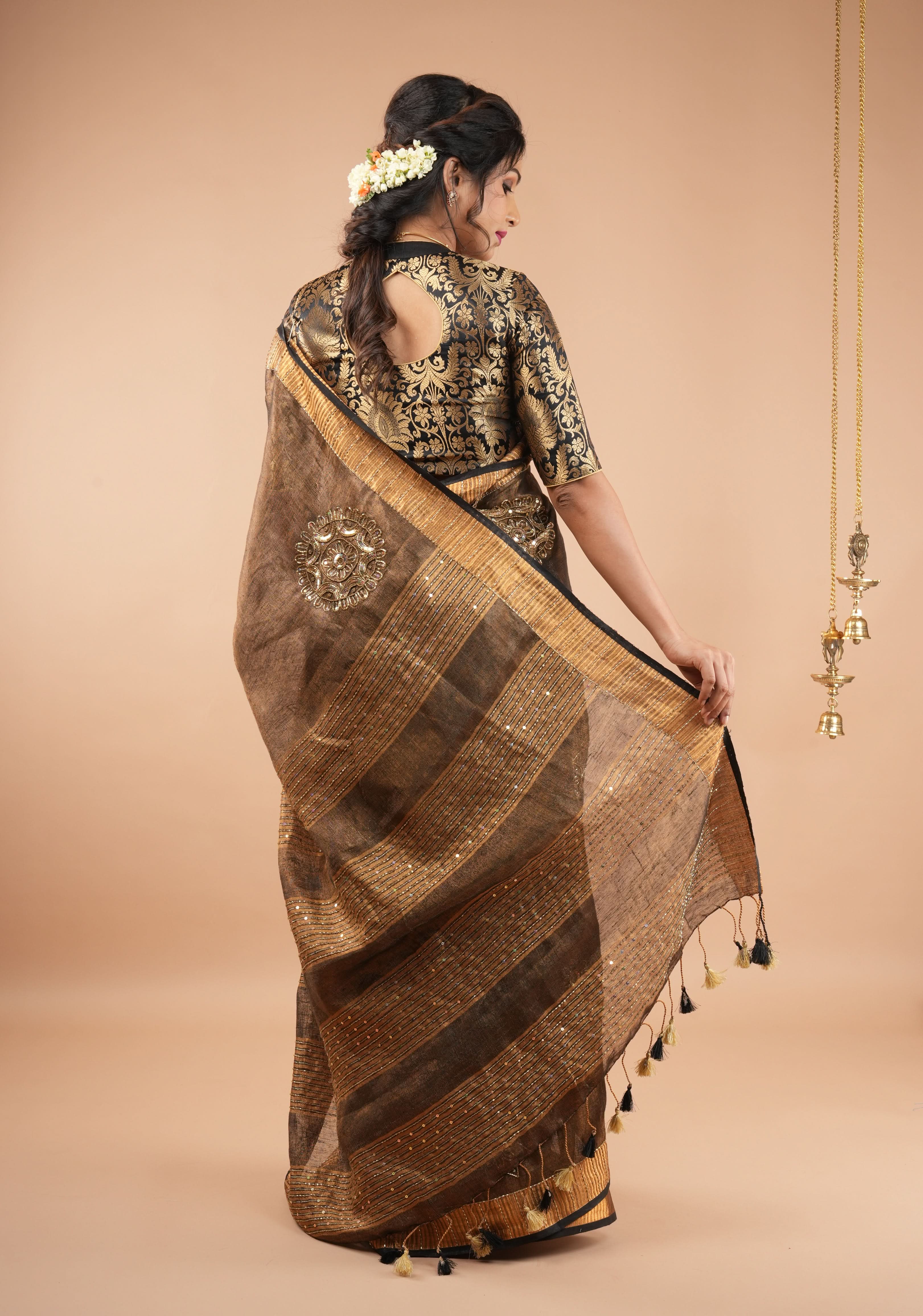 Embroidery cut dana with seqins Work Tissue Linen Saree in copper black with dramatic work Pallu | Shobitam - Image 7