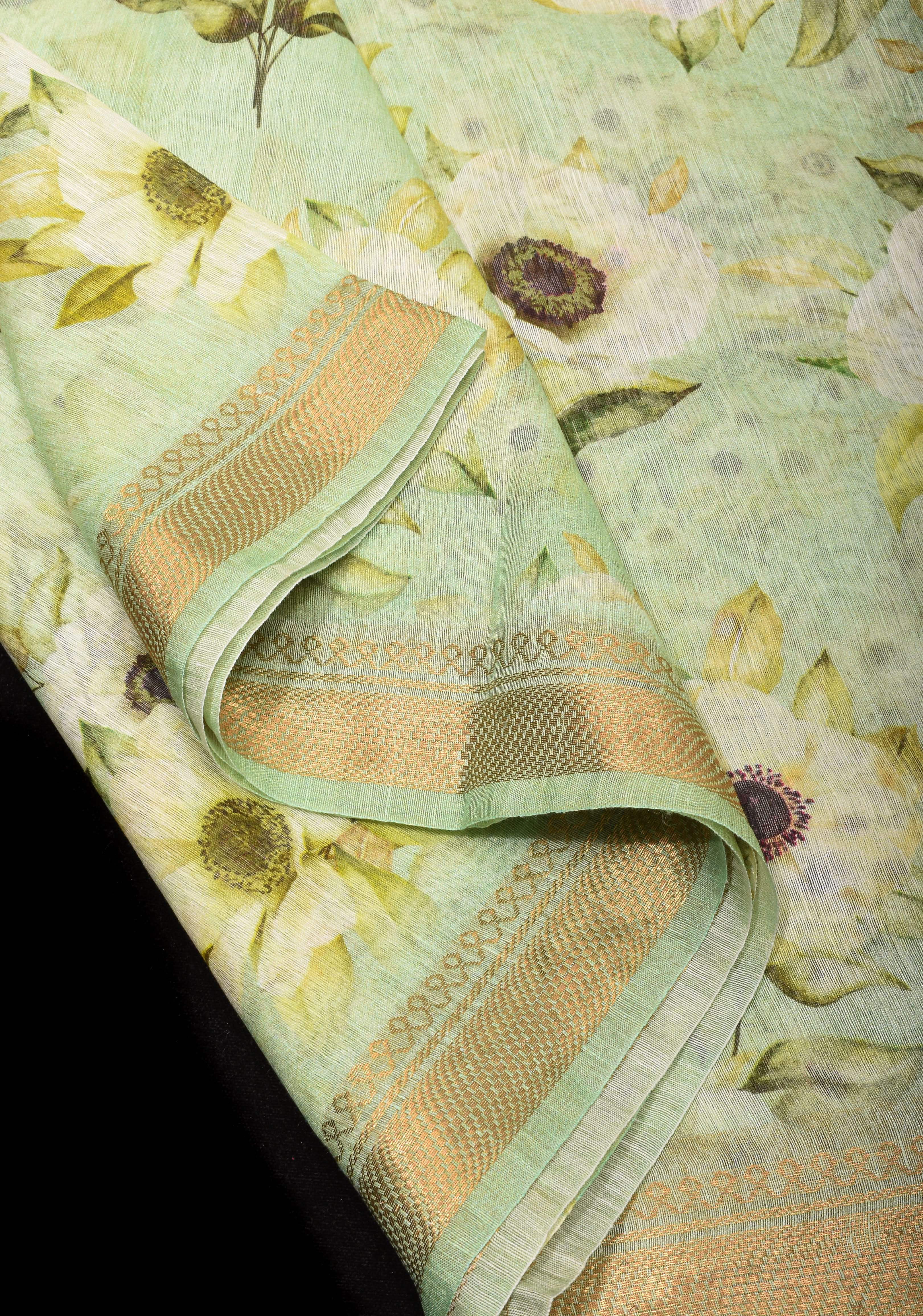 Pastel green Silk Linen Saree with Floral Digital Print | Shobitam - Image 3